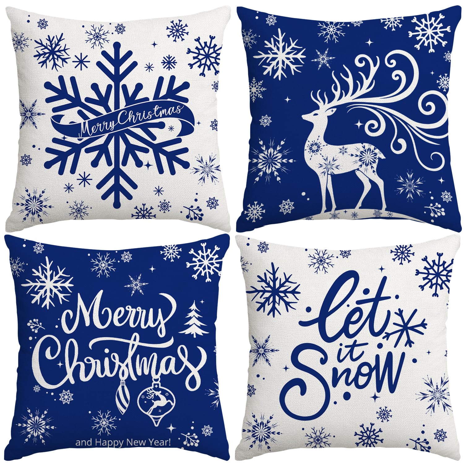 Miaikoe Merry Christmas Cushion Covers 40x40cm Snowflakes Let it Snow Moose Winter Holiday Blue Cushion Cases for Christmas Holiday Coach Sofa Decorations Set of 4