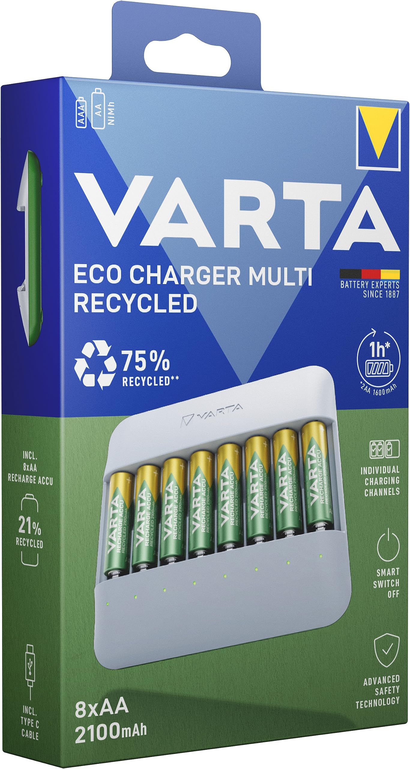 VARTA Cargador para 8 AA/AAA Pilas Recargables, Eco Charger Multi Recycled | para pilas recargables NiMH, 75 % de material reciclado, Incl. 8x AAA 2100 mAh