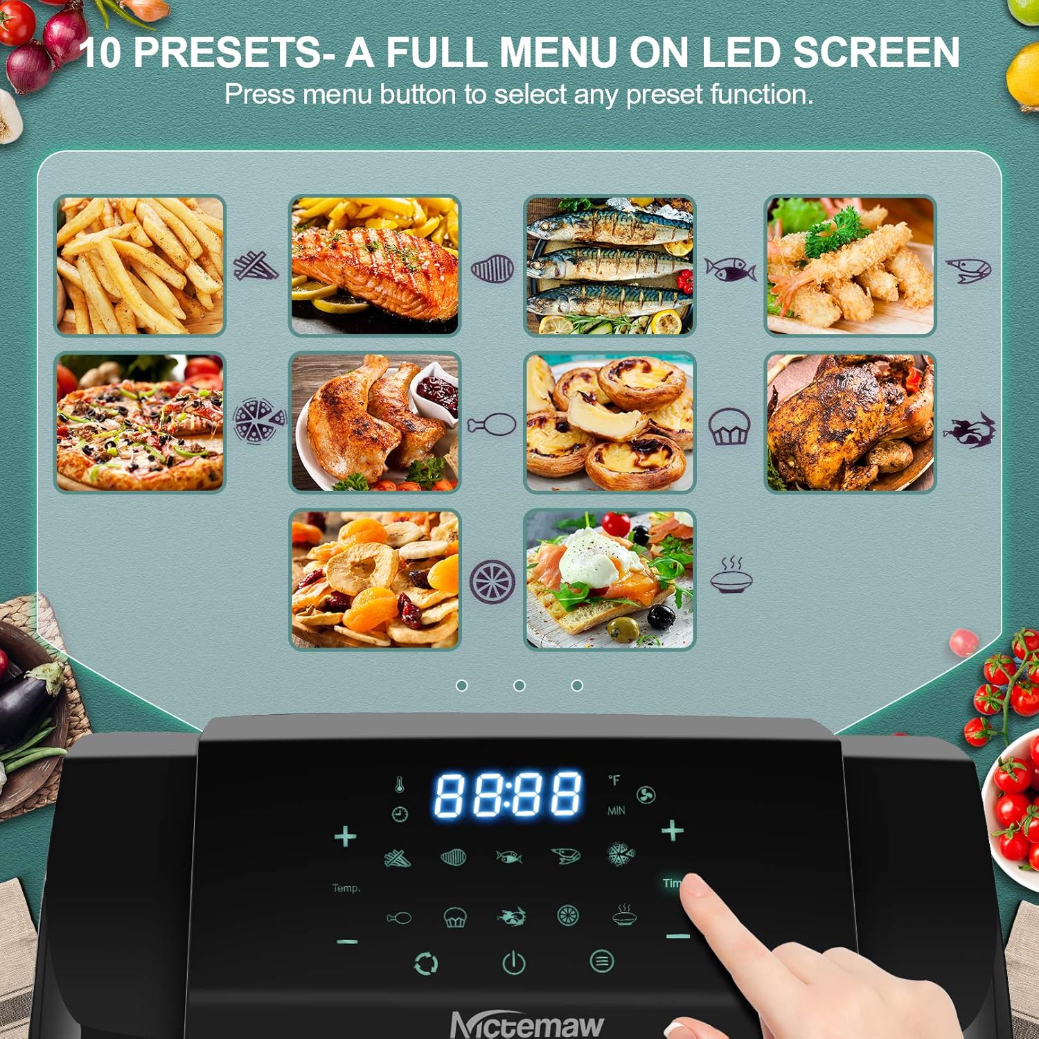 Nictemaw Friggitrice ad Aria 12L, Friggitrice ad Aria Senza Olio 1500W con 10 Programmi, per Frittura, Cottura al Forno, Disidratazione, Scongelamento, 5 Accessori Inclusi Nictemaw Friggitrice ad Aria 12L, Friggitrice ad Aria Senza Olio 1500W con 10 Programmi, per Frittura, Cottura al Forno, Disidratazione, Scongelamento, 5 Accessori Inclusi