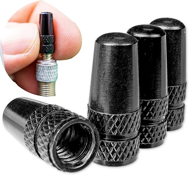 Zaślepki na wentyle z aluminium, 4 sztuki, czarne, do opon rowerowych z wentylem Dunlop lub Presta, nakładki na wentyle rowerowe, osłona dętka rowerowego, nakrętka na wentyl rowerowy