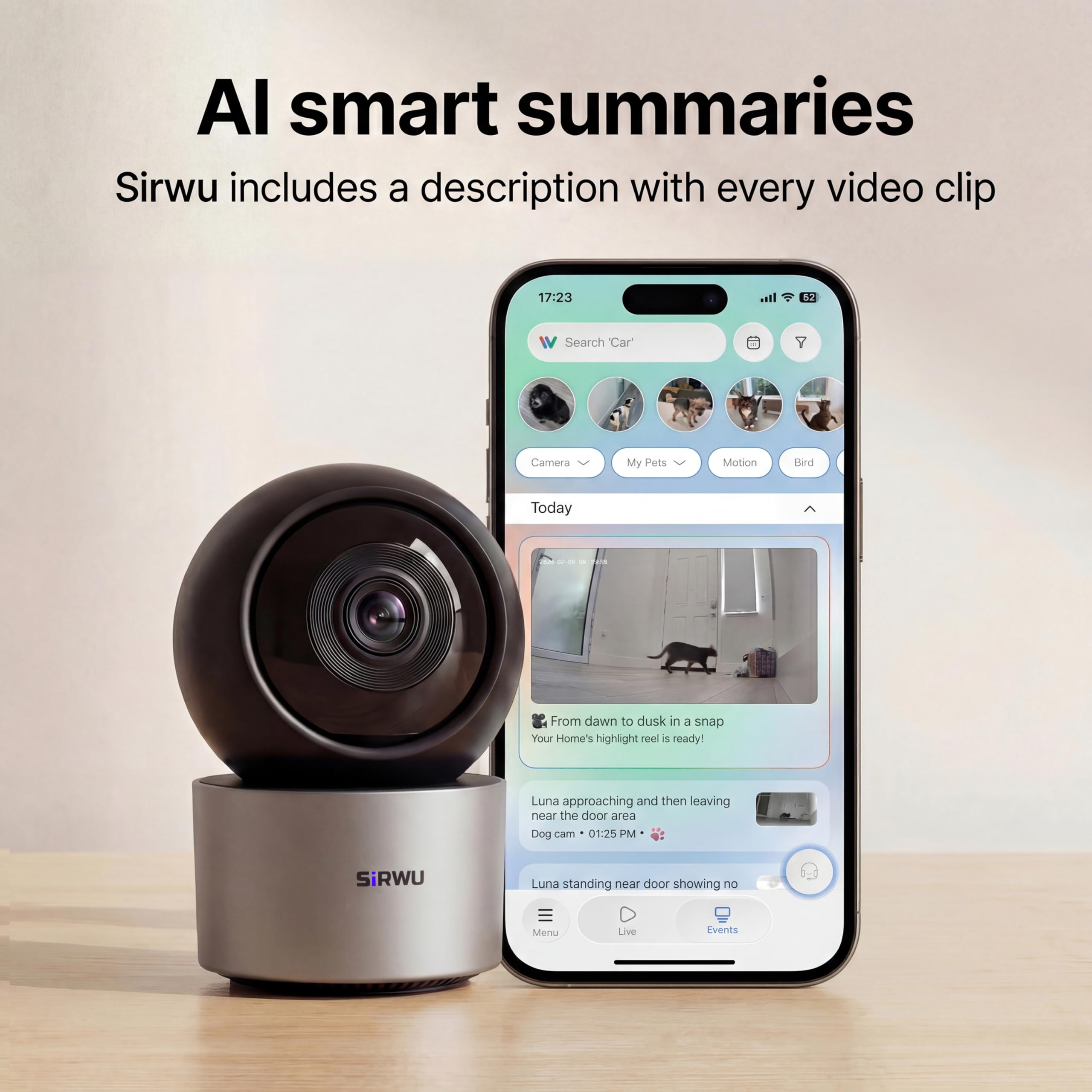 Cámara AI para mascotas, cámara para perros 2K 3MP con reconocimiento y análisis de comportamiento de múltiples mascotas con IA, monitor de gato de visión de 360°, WiFi de doble banda, gris