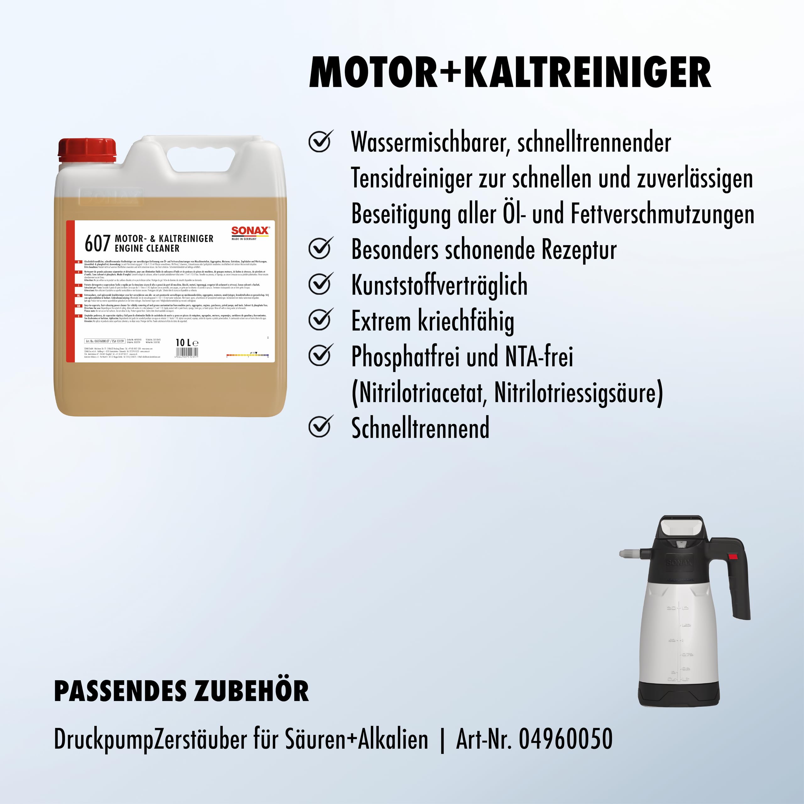 SONAX Motor+KaltReiniger (10 Liter) beseitigt schnell und zuverlässig alle Öl- und Fettverschmutzungen von Motoren, Maschinenteilen, Aggregaten und Werkzeugen | Art-Nr. 06076000