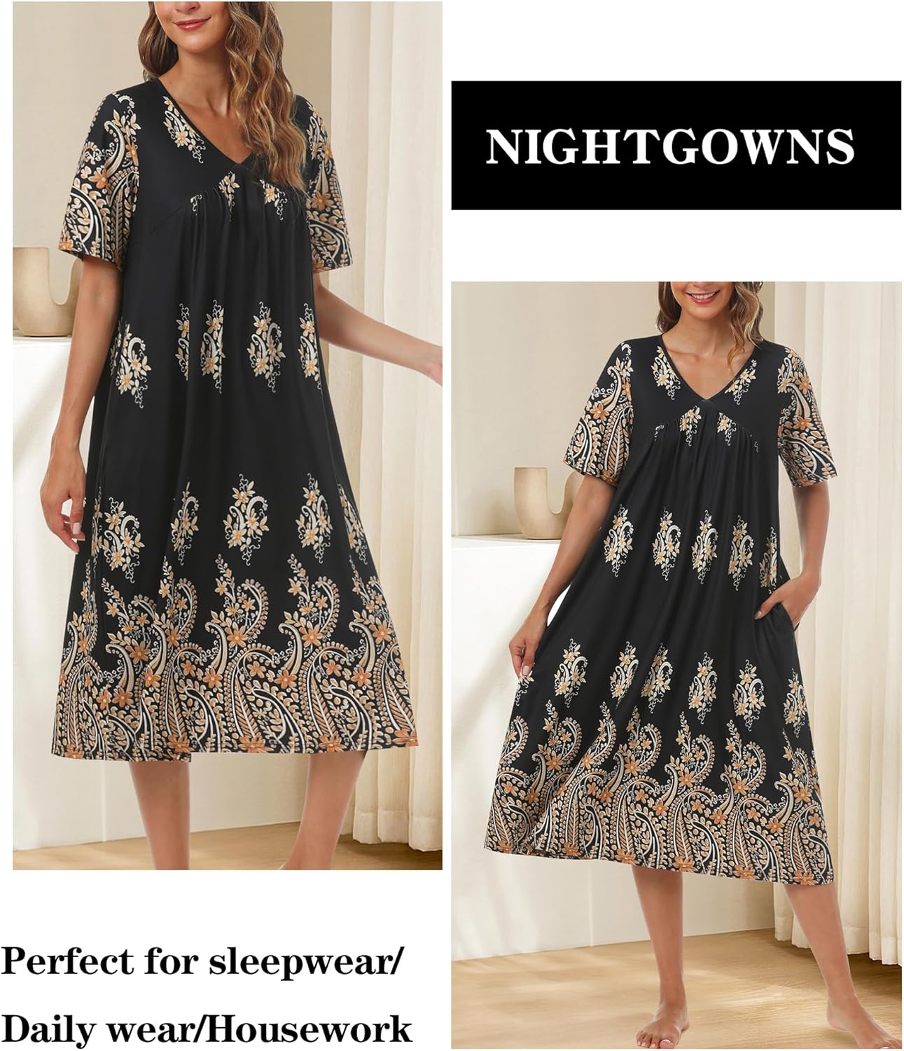 Nightgowns for Women Soft Short Sleeve Sleepshirt House Dress with Pockets Pleated Moo Moo Mumu Nightshirt Loungewear - Image 6