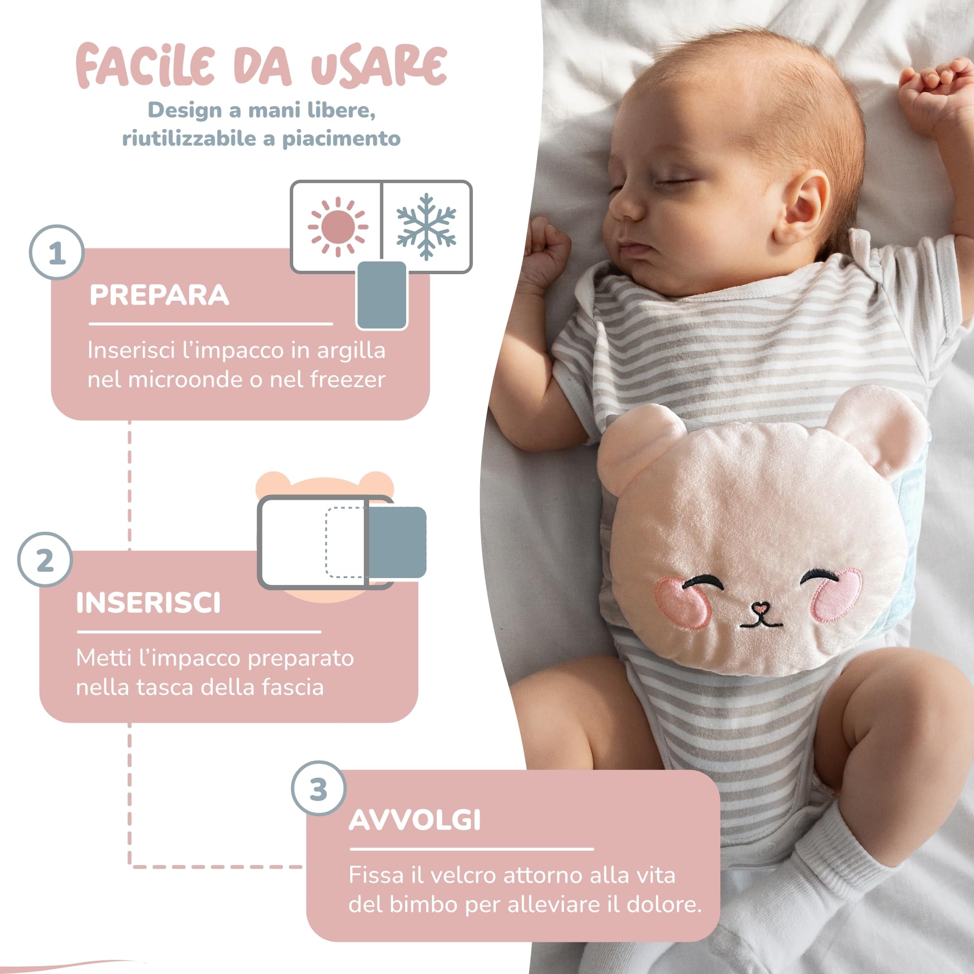 Borsa dell'Acqua Calda per Bebè Anti Coliche – Caldo & Freddo – Allevia Dolori & Gonfiori – CE – Impacco di Argilla, Anello da Dentizione Incluso, Fascia Peluche per Neonati e Lattanti