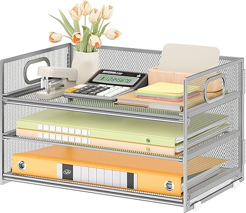 Subekyu Organizador de escritorio de papel de 3 niveles con asa y 1 bandeja deslizable para cartas, clasificador de carpetas de archivos de papel
