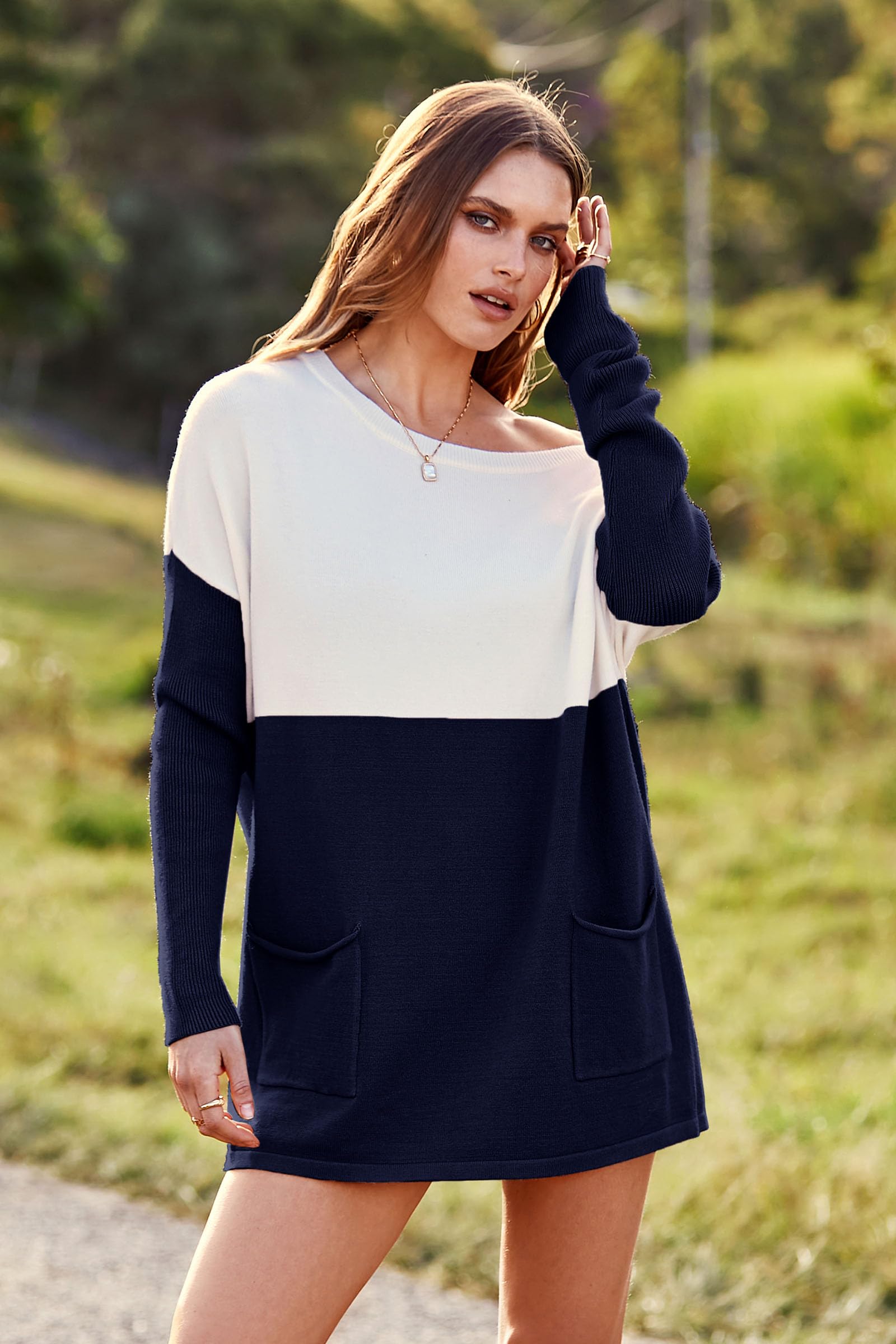 PRETTYGARDEN Women’s Causal Loose Sweater Color Block Knit Pullover Off Shoulder Comfy Jumper Tops