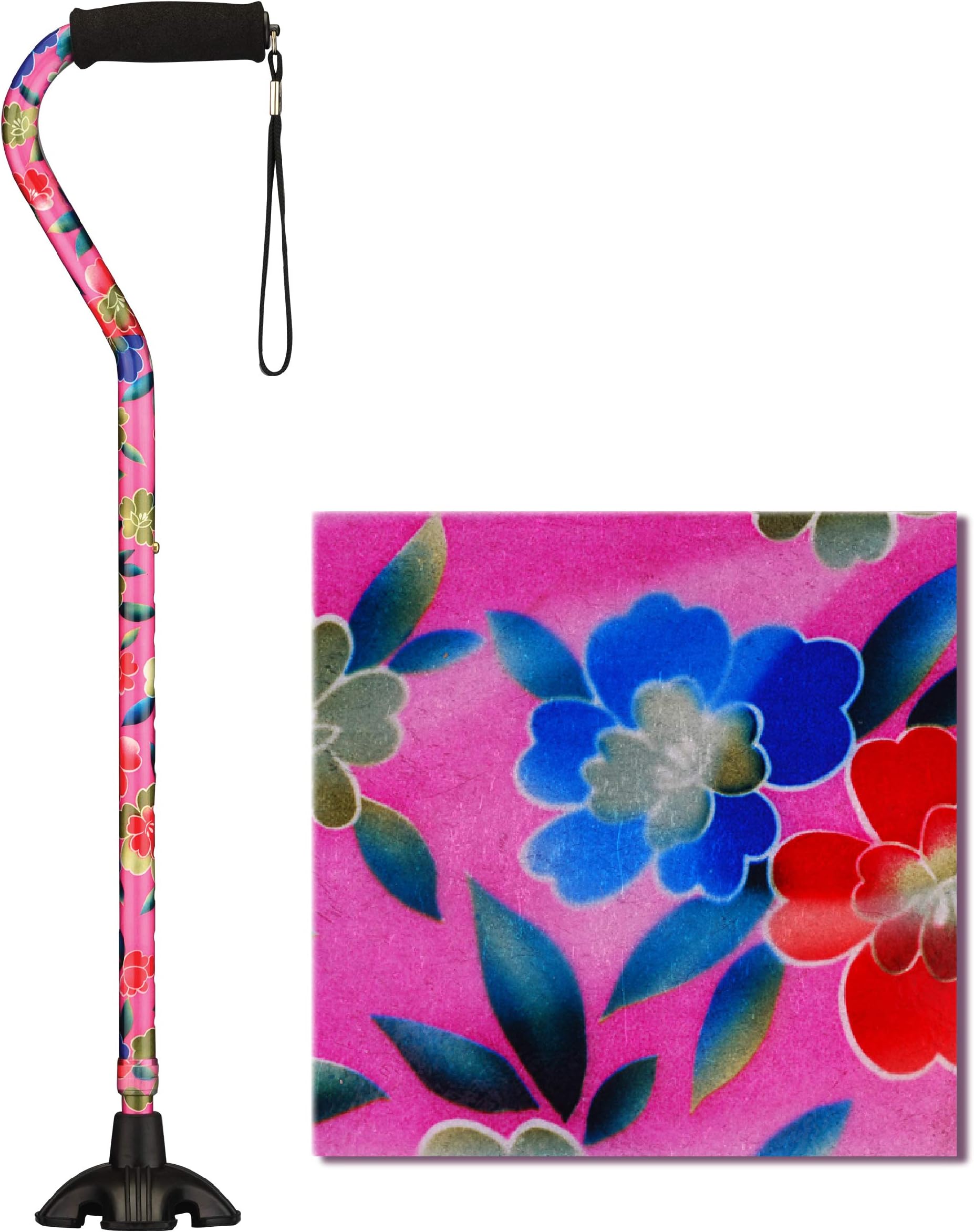 NOVA Medical Products Sugarcane, Walking Cane with Quad Tip and Carrying Strap, Stand Alone Cane, Pink Garden Design