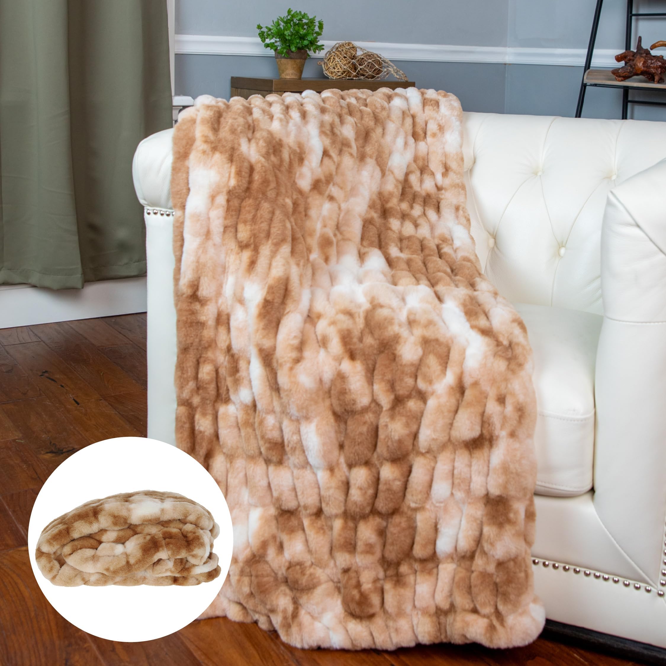Outrageously Soft - Minky Luxe Faux Fur Throw Blanket - Ultra Plush Minky – Heavyweight Fabric – Elastic Stitched to Wrap Around You Like a Hug - Oversized 50 x 70 Inches – Tan
