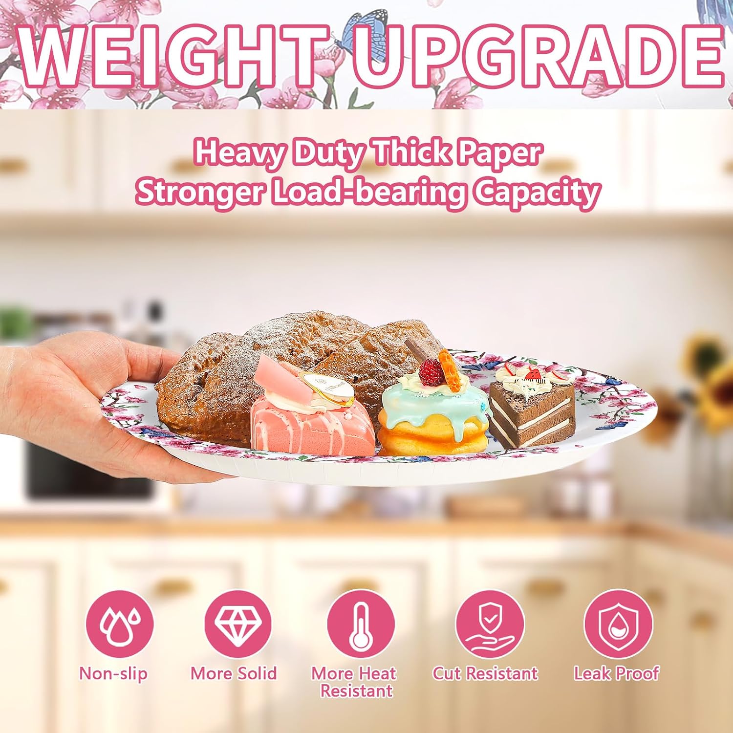 50Pcs Spring Flower Oval Paper Plates 10" x 12" Large Disposable Heavy Duty Flower Bird Paper Platters Pink Blossom Butterfly Bird Dessert Plates for Spring Lunch Dinner Birthday Party Supplies