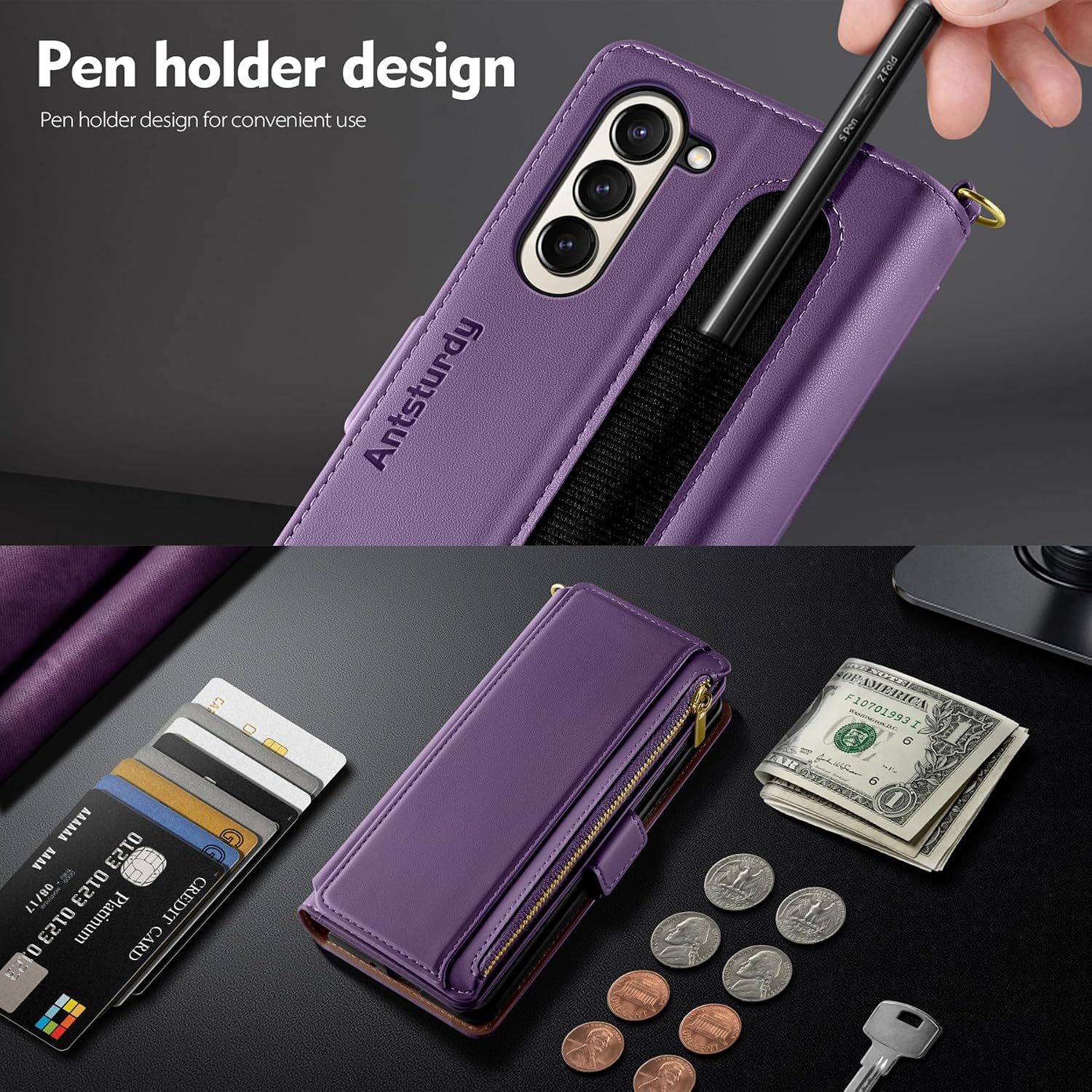 Antsturdy Compatible with Samsung Galaxy Z Fold 5 Case Wallet Women with【S Pen Holder】 Phone Case with Card Holder Strap PU Leather RFID Blocking Flip Protective Cover Credit Slots Men,Purple