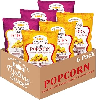 Melting Sweet Popcorn| Coconut Sugar and Caramel Golden Ginger Spicy Variety Pack| 2.8 Ounce (Pack of 6)| Resealable Zip Bag Snacks| Warm Your Heart