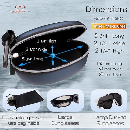 Miniatura 4 de MyEyeglassCase Funda para gafas de sol deportivas y cartera delgada Estuche para gafas grandes semidura con clip para cinturón, bolsa suave y paño