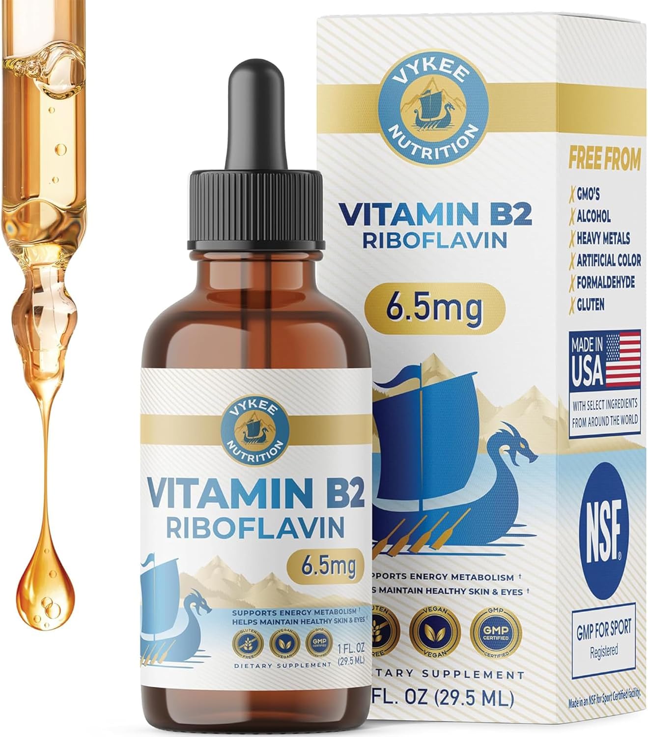 Vykee Nutrition Vitamin B2 Riboflavin Drops - Liquid B2 Supplement for Energy Metabolism, Cellular Function and Vision Support - Vegan, Non-GMO, Gluten-Free, GMP Certified - 6.5 mg, 30 Servings