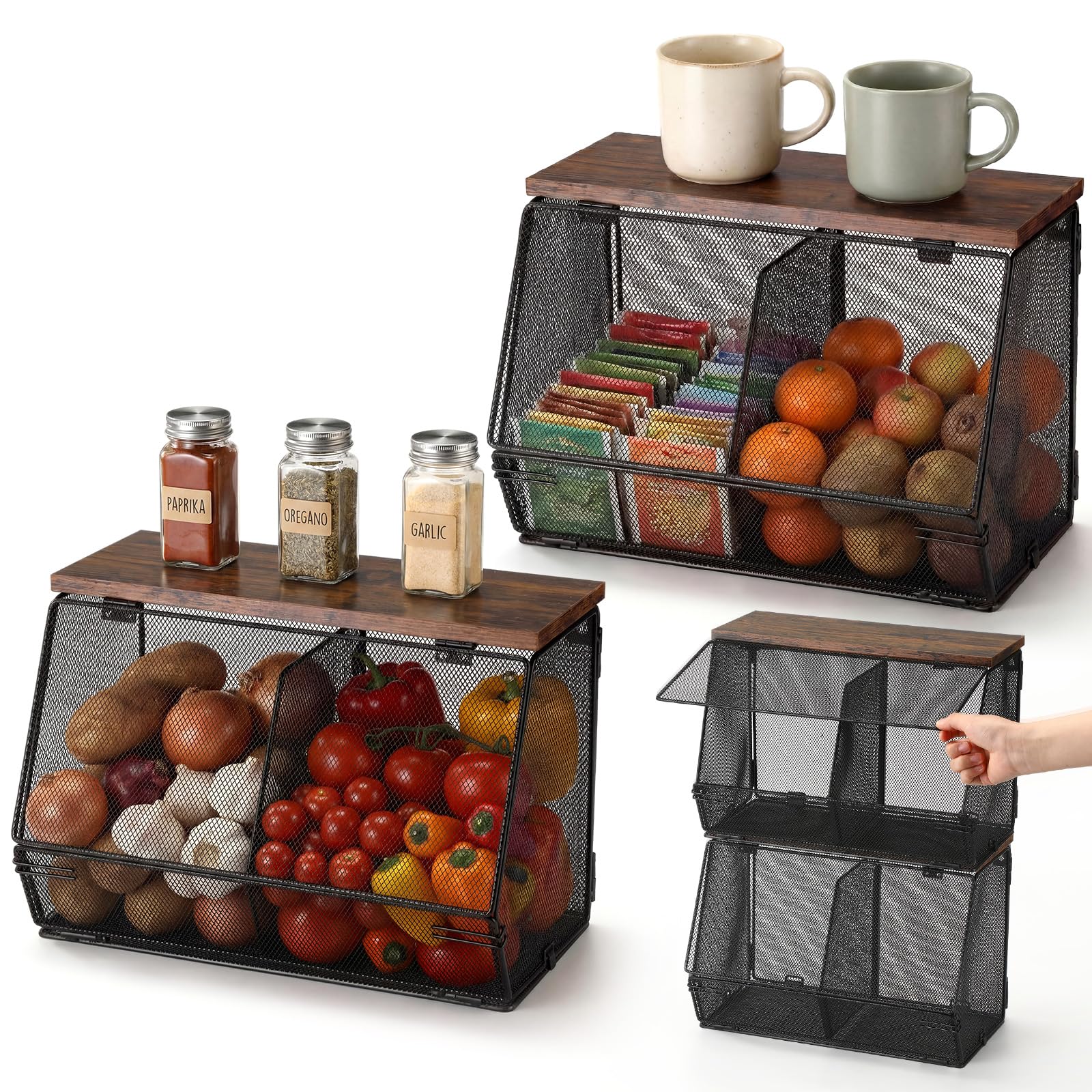 Photo 1 of ***WHITE*** Teenyyou 2 Pcs Stackable Mesh Fruit Basket with Lid Wall Produce Vegetable Storage Basket Onion Potato Hanging Metal Wire Container for Kitchen Counter Pantry(Non-removable,White,7.1" w & 11.8" l)