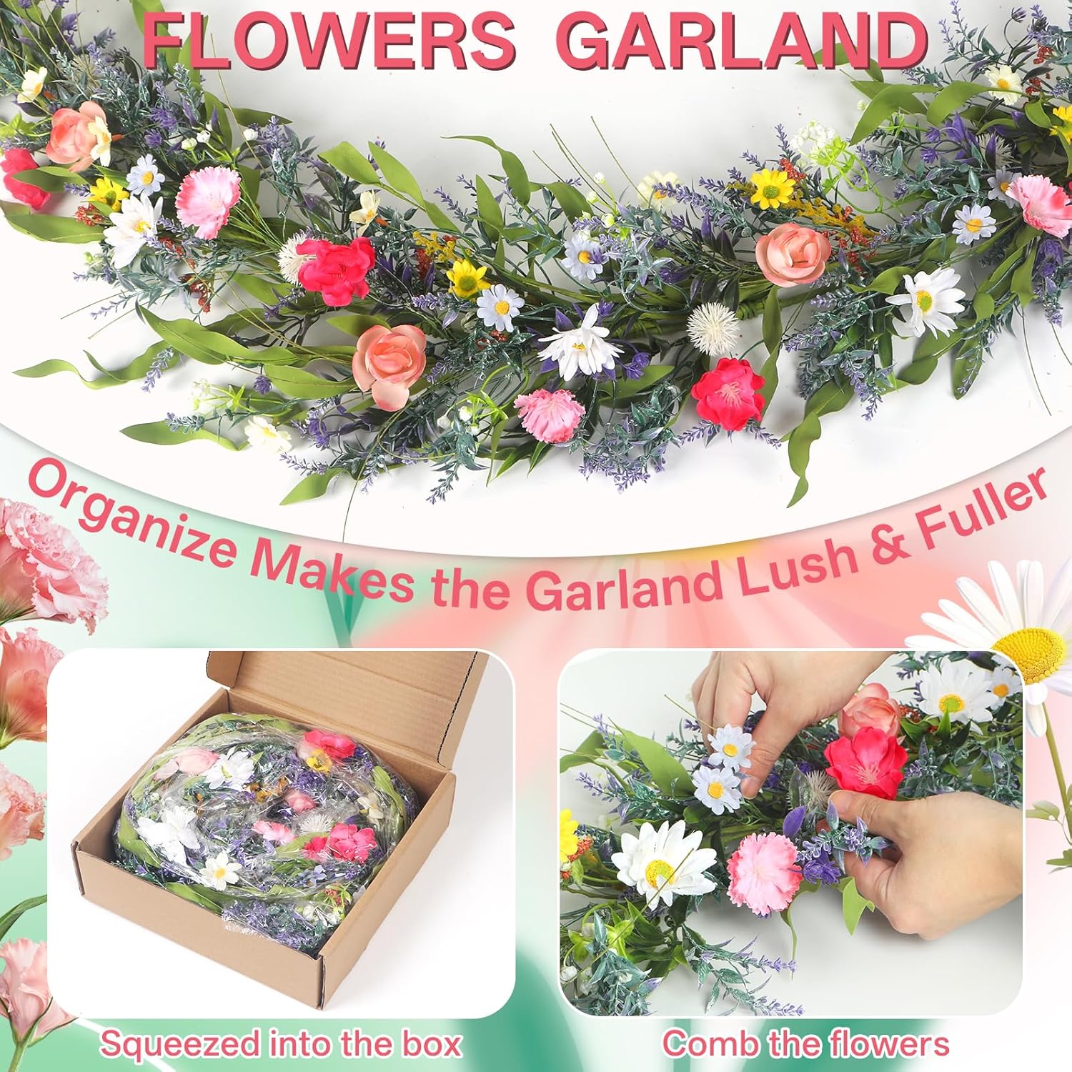 Wild Flowers Garland for Mantle, 6Ft Artificial Spring Garland for Table Centerpiece All Year Round Home Decor,Gorgeous Summer Garland for Indoor Outdoor Farmhouse Wedding Staircase Floral Decor.