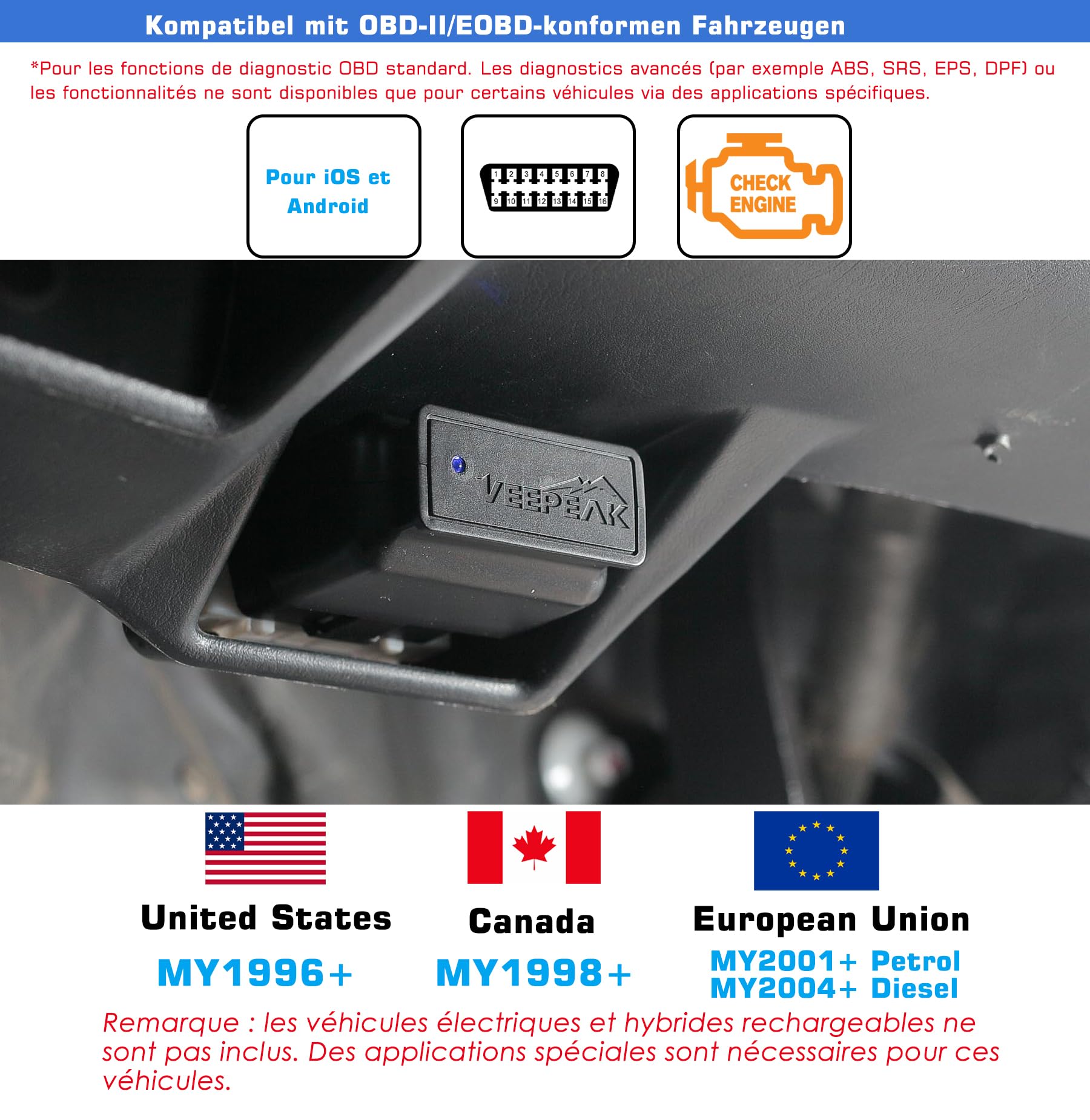 Veepeak OBDCheck BLE Scanner OBD-II Bluetooth – Lecteur de Codes Moteur & Outil de Diagnostic pour iOS et Android