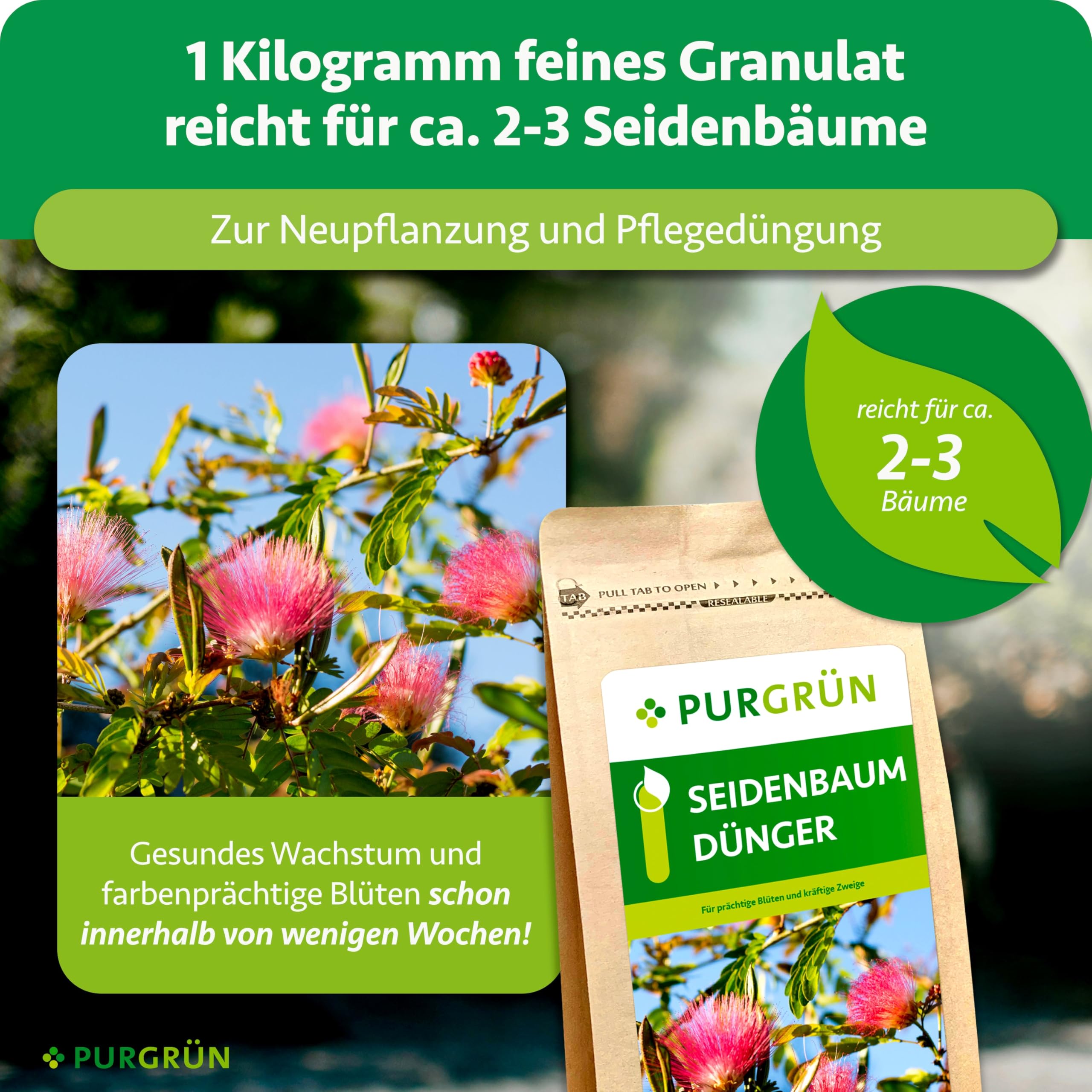 Seidenbaum-Dünger 1 kg – Organisch-mineralische Rezeptur – Feinkörniges Krümelgranulat – NPK 9+4+8 – Extra Magnesium für leuchtende Blüten – Verbessert die Bodenqualität