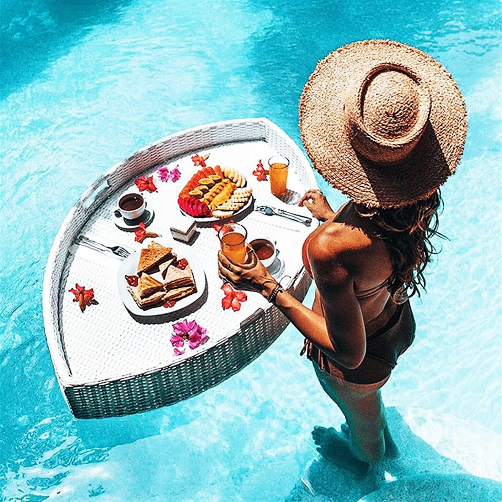 Schwimmendes Tablett für Pool, Rattan-gewebtes schwimmendes Pool-Tablett, stilvolles Frühstückstablett auf dem Wasser, schwimmende Bar und Tisch für Pool (Farbe: Gelb) (Weiß)