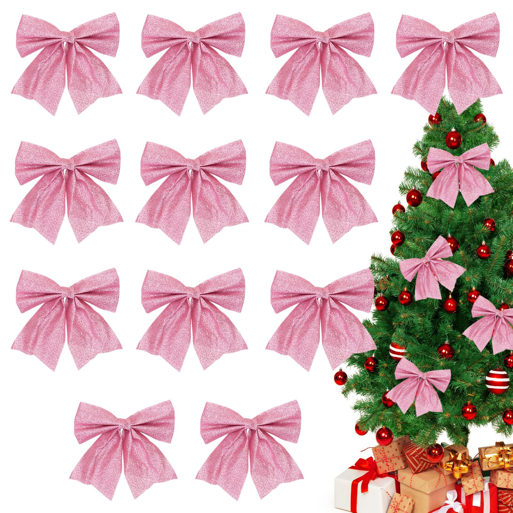12pcs Pink Christmas Bows for Tree Decor 15CM Decorative Xmas Ornaments, Wreath Decorations