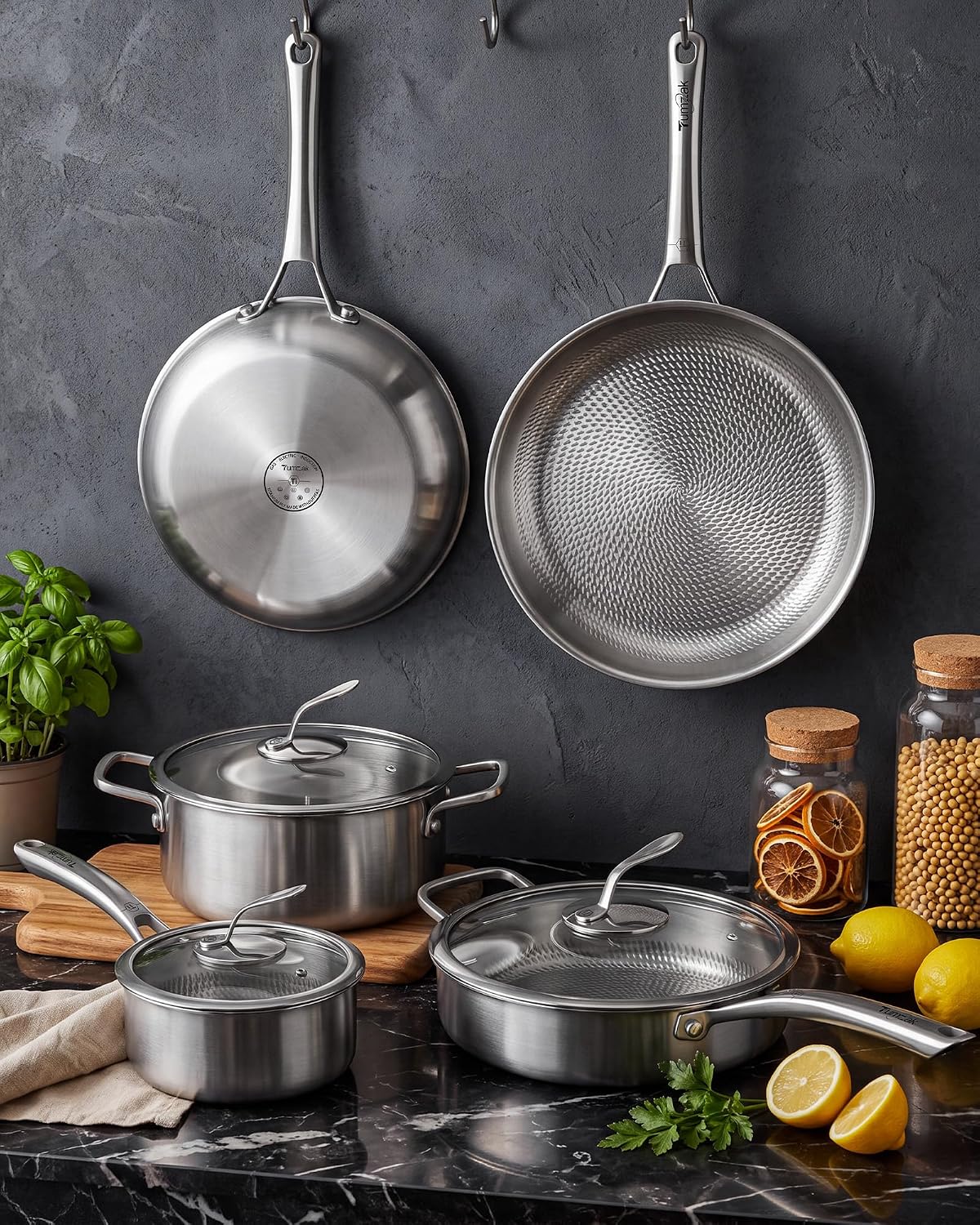 Titanium Cookware Set, 8-Piece Pots and Pans Set, Non-Stick Hammered Pro Titanium Pan with Lid, PFAS/PFOA/PTFE-Free, Dishwasher & Oven Safe, Compatible with Gas Stoves and Induction Cooktops