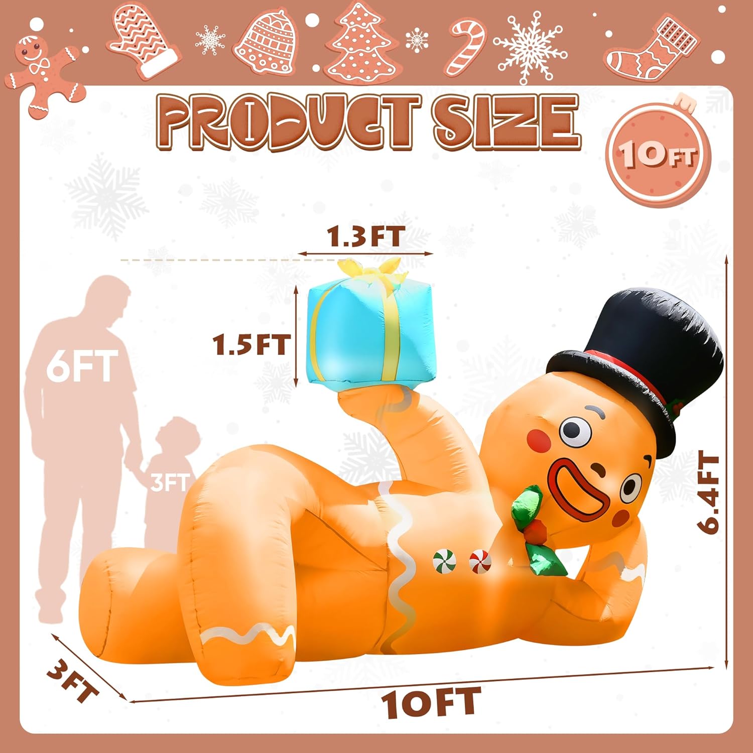 10 FT Christmas Inflatables Gingerbread Man, Christmas Blow Up Yard Decorations with Built-in LEDs, Lying Gingerbread Inflatable Christmas Decorations Outdoor for Garden Yard Lawn Roof