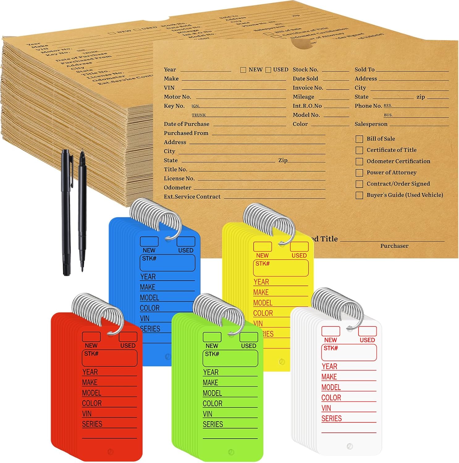 Tenceur 100 Pcs Vehicle Dealer Jackets 9 x 12 Inches Printed Vehicle Deal Envelopes 100 Pcs Car Key Tags with Rings 2 Pens for Office Car Subscribe Order Dealership Operations Accessory(Yellow)