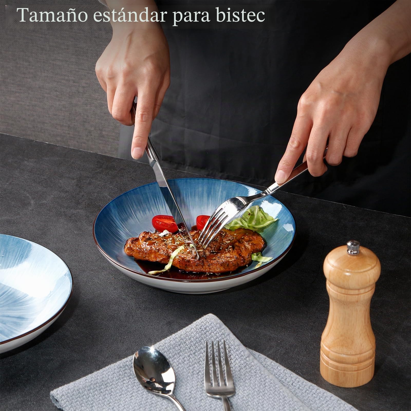 NUTRIUPS Juego de 6 Platos para Pasta, 20.5cm Platos de Servicio, 500ml Platos de Porcelana, Apto para Microondas y Lavavajillas (Azul)