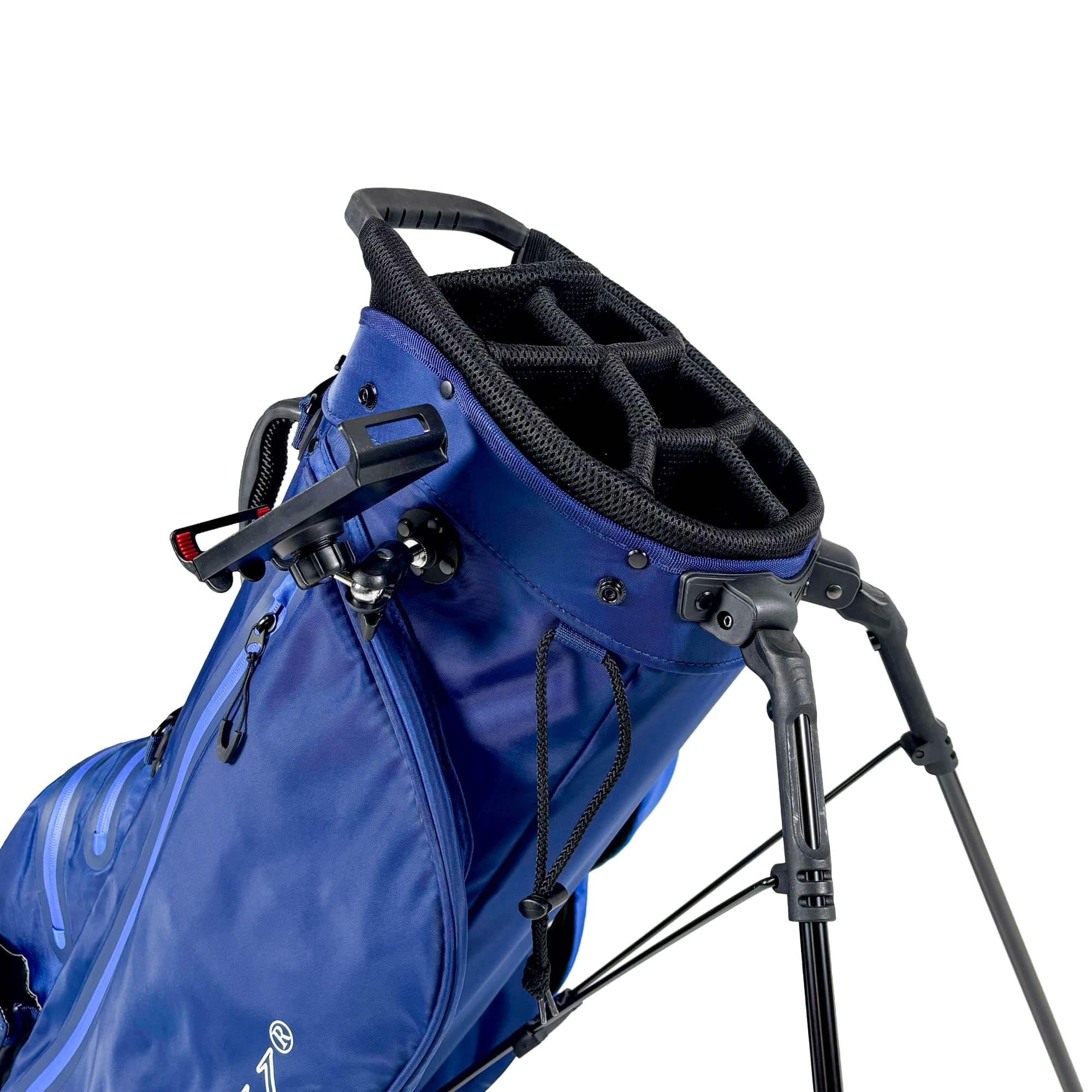 Sac de golf sur pied - Imperméable - Léger (2,4 kg) - 9 compartiments pour raquettes - Support pour téléphone portable - Compartiment isotherme - Bleu foncé - Unisexe