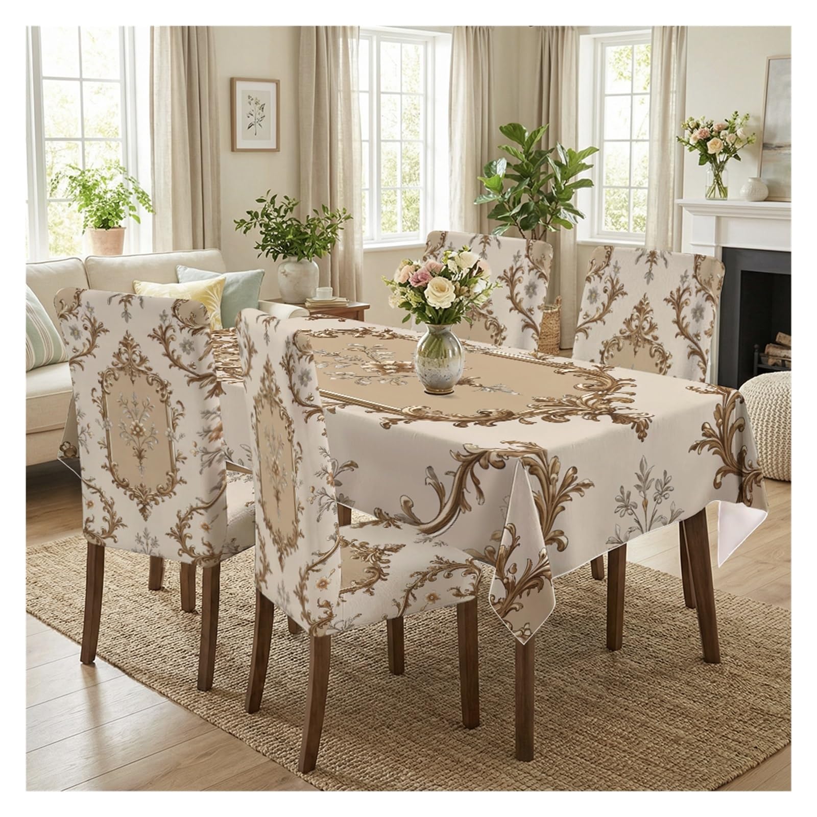 KXUAUV Beige Baroque Floral Print Stretch Dining Chair Covers Tablecloth Set, For Kitchen Dining Living Room Farmhouse Decor, 5/7 Pack Party Decor(5pcs Set: Tablecloth+Chair Covers)
