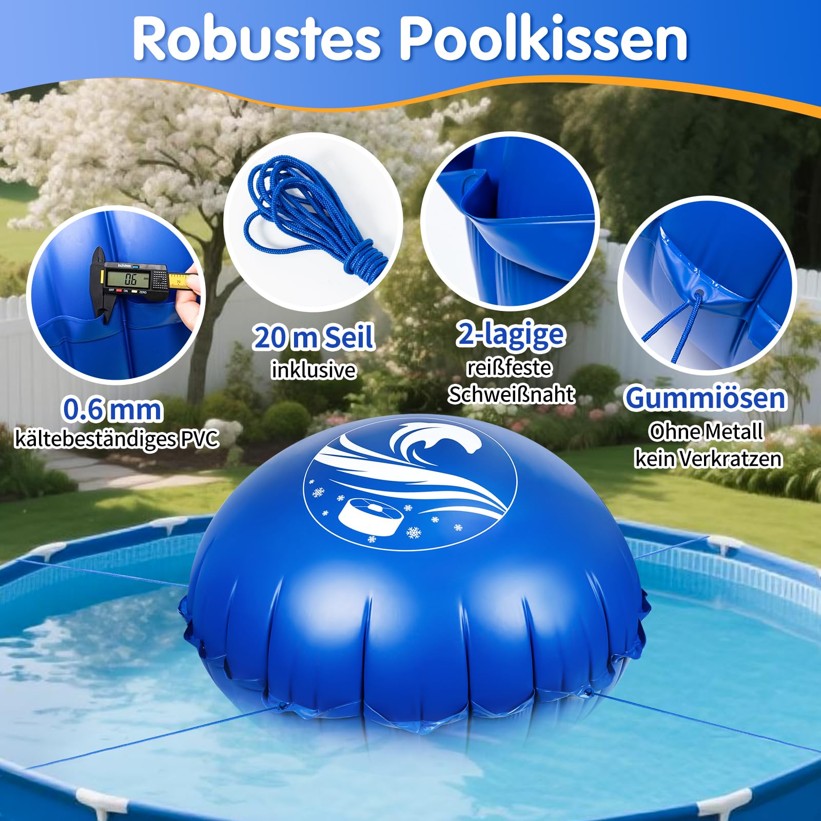 Poolkissen Winter rund Ø 3,6 m für Aufstellpools, Pool-Luftkissen | Winterkissen für die Poolabdeckung aus 0,6 mm PVC mit Doppelnaht, kältebeständig, aufblasbar, mit Seil zum Eisdruckausgleich