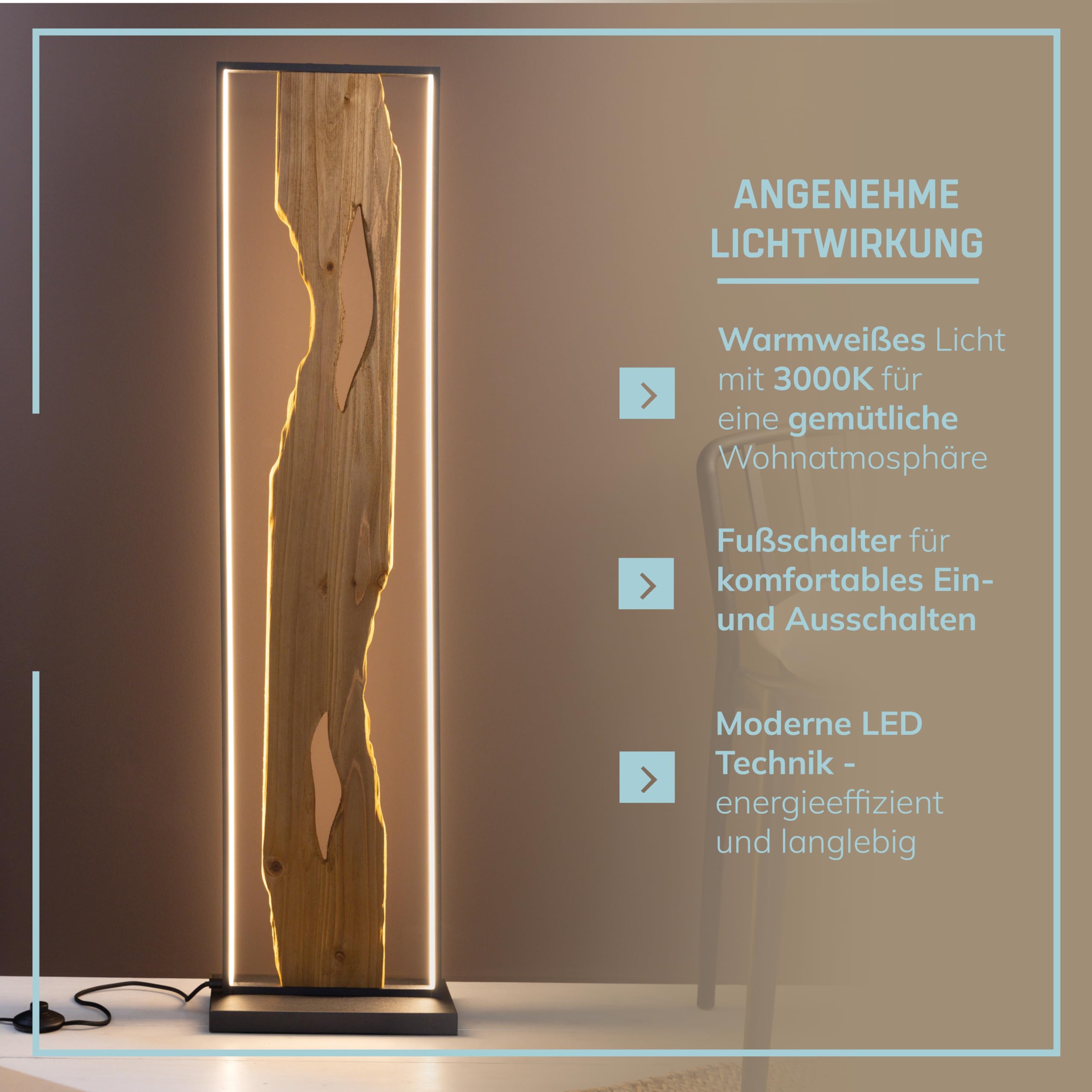 Lightbox LED Stehlampe schwarz - Stehleuchte Holz 120 cm mit Fußschalter - Standlampe Wohnzimmer warmweiß 3000K - 2300 lm inkl. LED