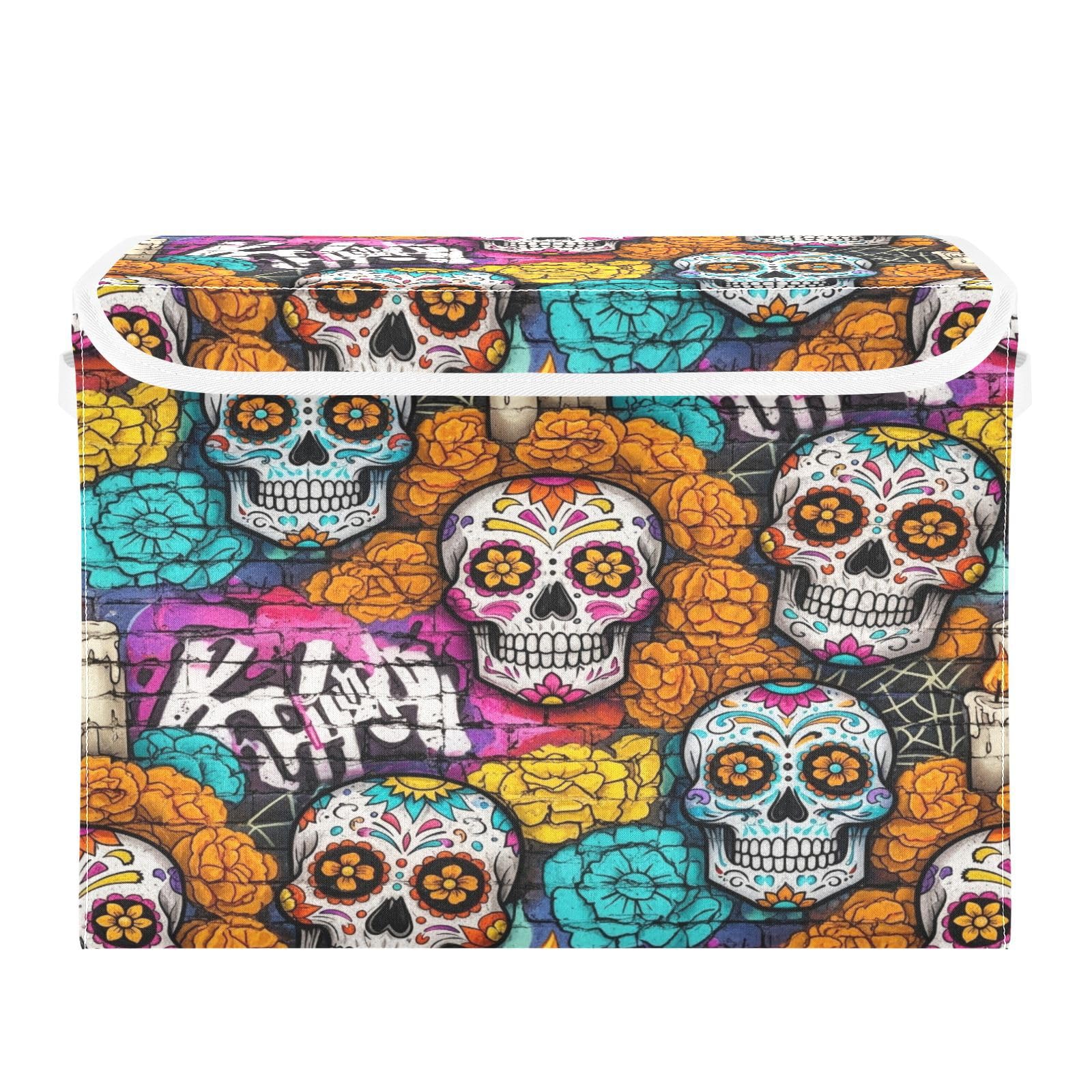 Ewusp Skull Fabric Storage Bin with Lid, Decorative Foldable Storage Basket with Handles, Stackable Closet Shelf Organiser Box for Clothes, Books, Bedroom, Living Room