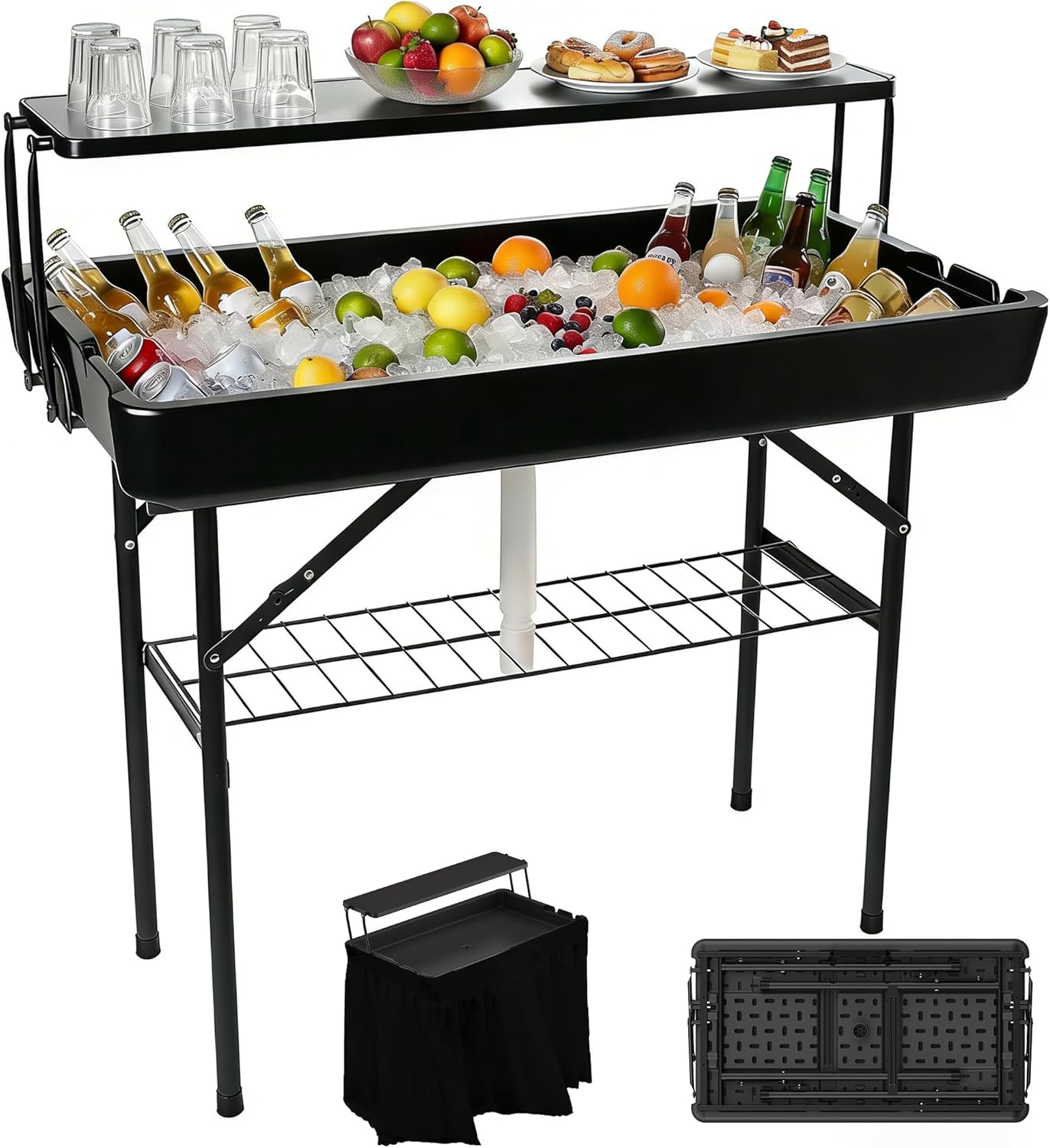 Double-Layer Cooler Table with Drain & Storage Rack, Portable Folding Ice Cooler Table with a Matching Skirt for Picnic,Party, Outdoor Events, Camping, Wedding,40.5"*39.3"*22.04" (Black)