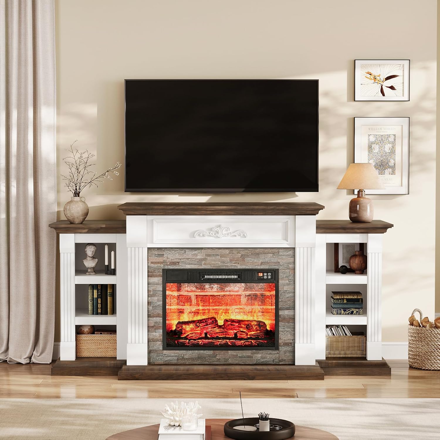 LGHM 72-inch Electric Fireplace TV Stand with Mantel in a living room, showcasing the integrated electric fireplace and shelving.