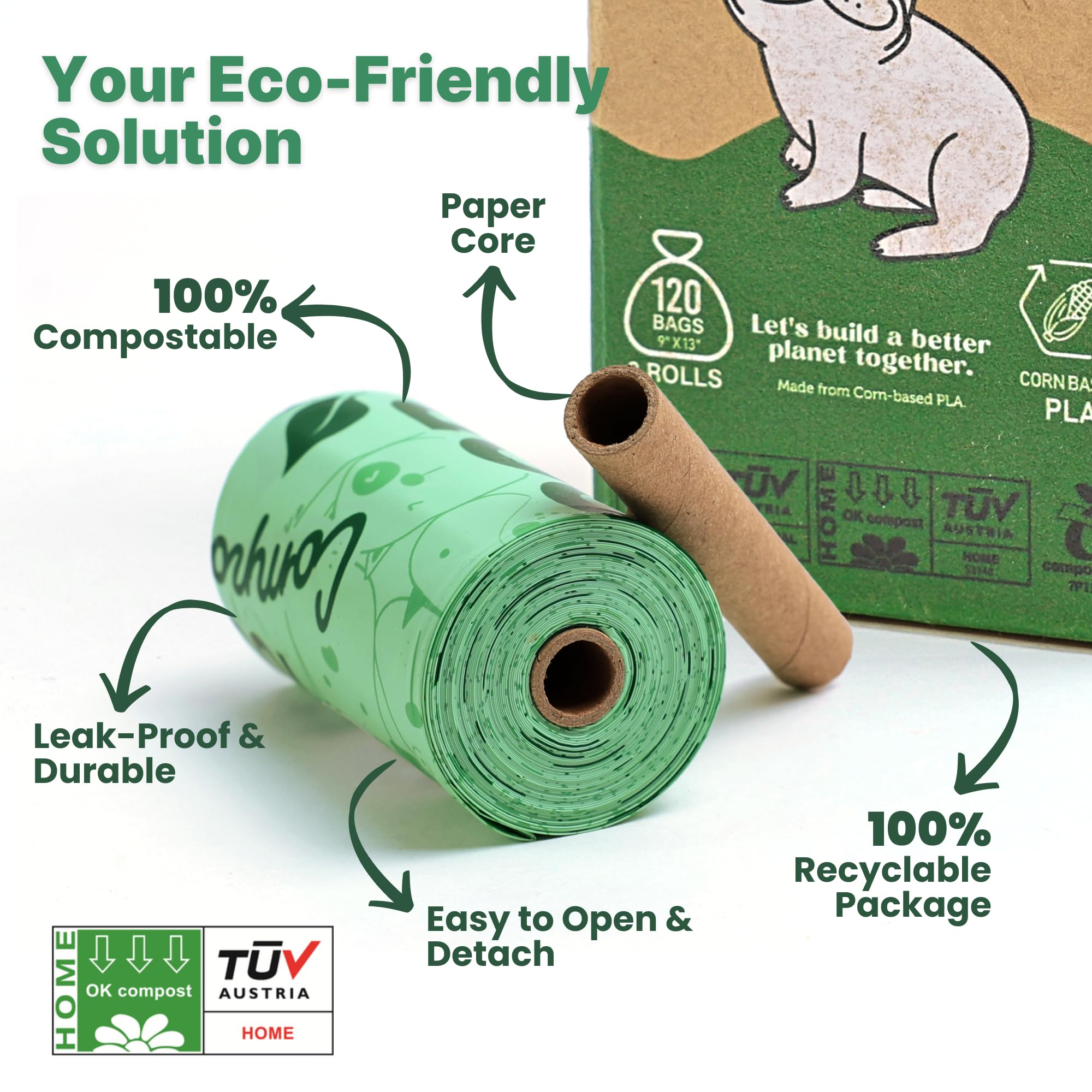 JIWON Bolsas para excrementos de perro 100 % compostables, 240 bolsas, 16 rollos, 9 x 13 pulgadas, estándar ASTM D6400 y EN 13432, certificado OK para compost y plántulas, bolsas gruesas y a prueba de