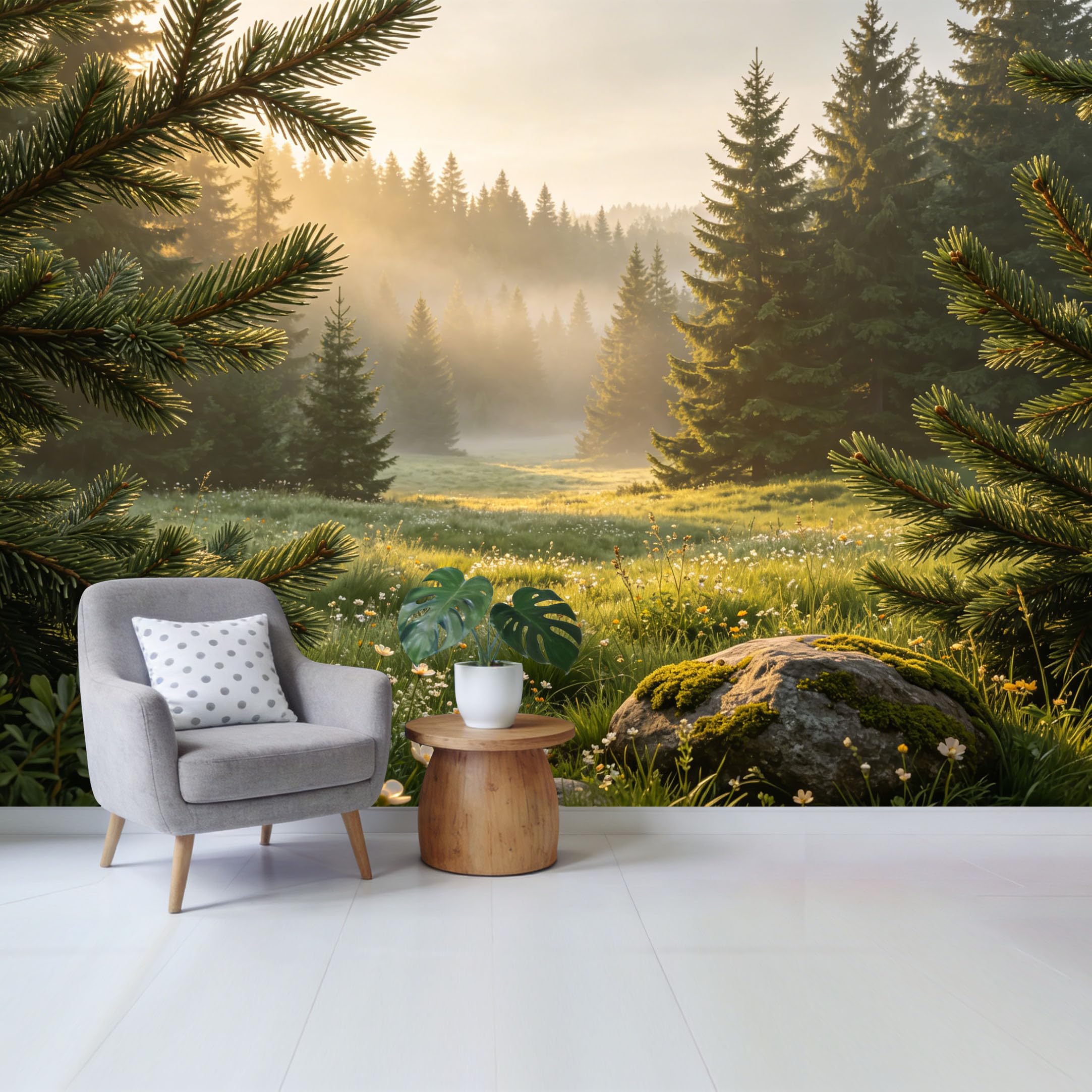 Qzlithotic Yq2605251055 Custom Size Wall Mural Misty Morning Pine Forest Landscape Golden Sunlight Meadow Wildflower Floral Scenic View Selfadhesive Wall Fabric Removable Wallpaper For Home Office Decor