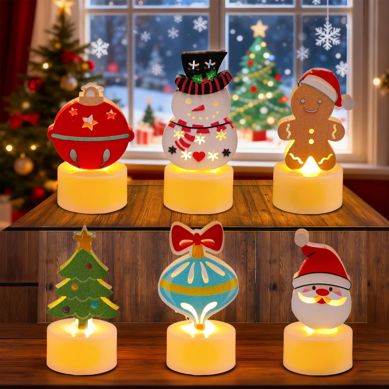 Candele natalizie, 6 lumini a LED senza fiamma, con 6 motivi festivi, funzionamento a batteria, per decorazione centrotavola da tavola