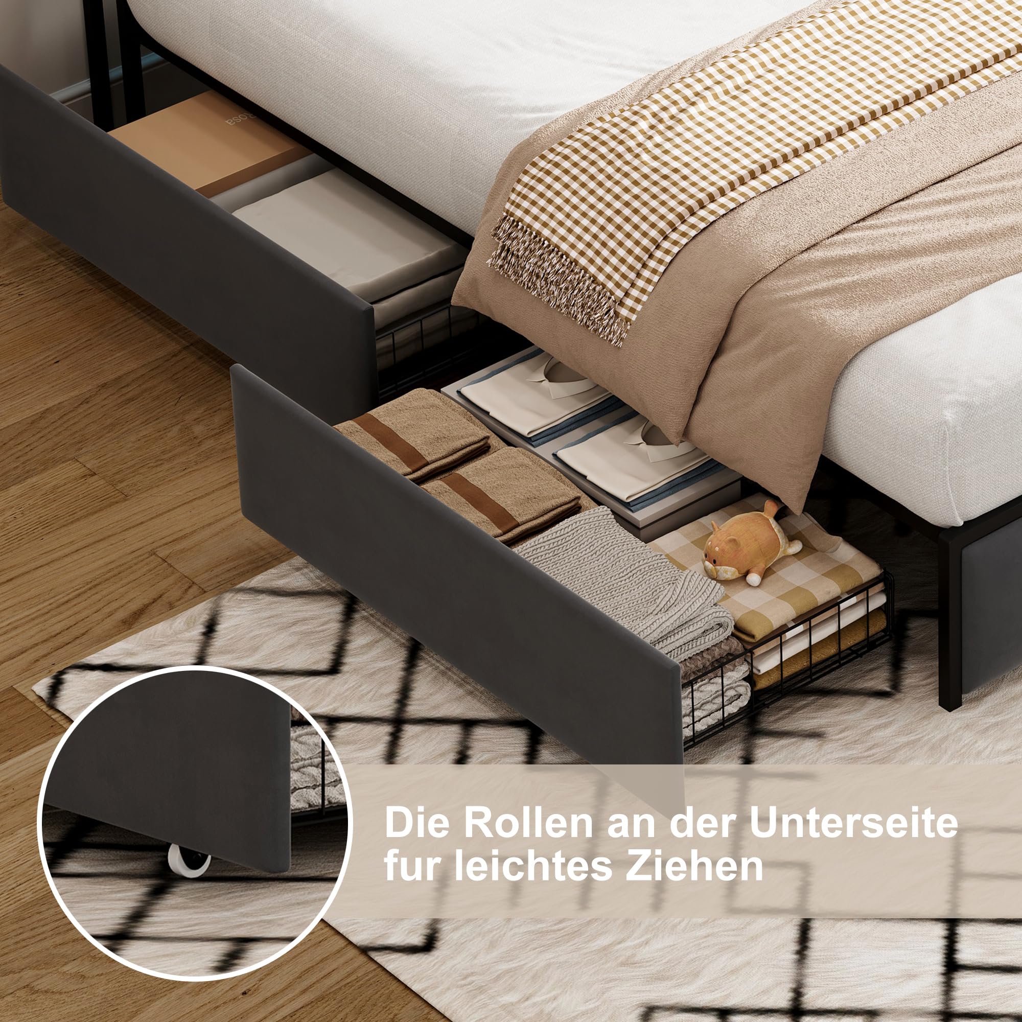 CDQL Łóżko tapicerowane podwójne 160 x 200 cm z 4 szufladami, łóżko młodzieżowe ze złączem USB i oświetleniem LED, zagłówek ze schowkiem, łóżko dla gości, łóżko funkcyjne, aksamit, szare
