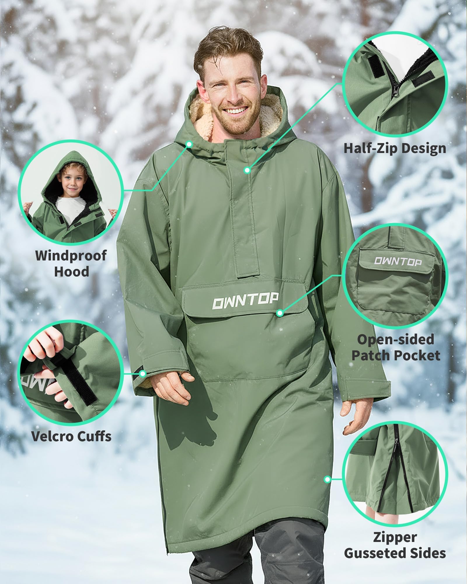 Owntop Cappotto Avvolgente Impermeabile per Adulti e Bambini - Cappotto semizipper Oversize Antivento con Fodera in Peluche Sherpa, Poncho Surf Ideale per cambiarsi e asciugarsi Dopo Spiaggia