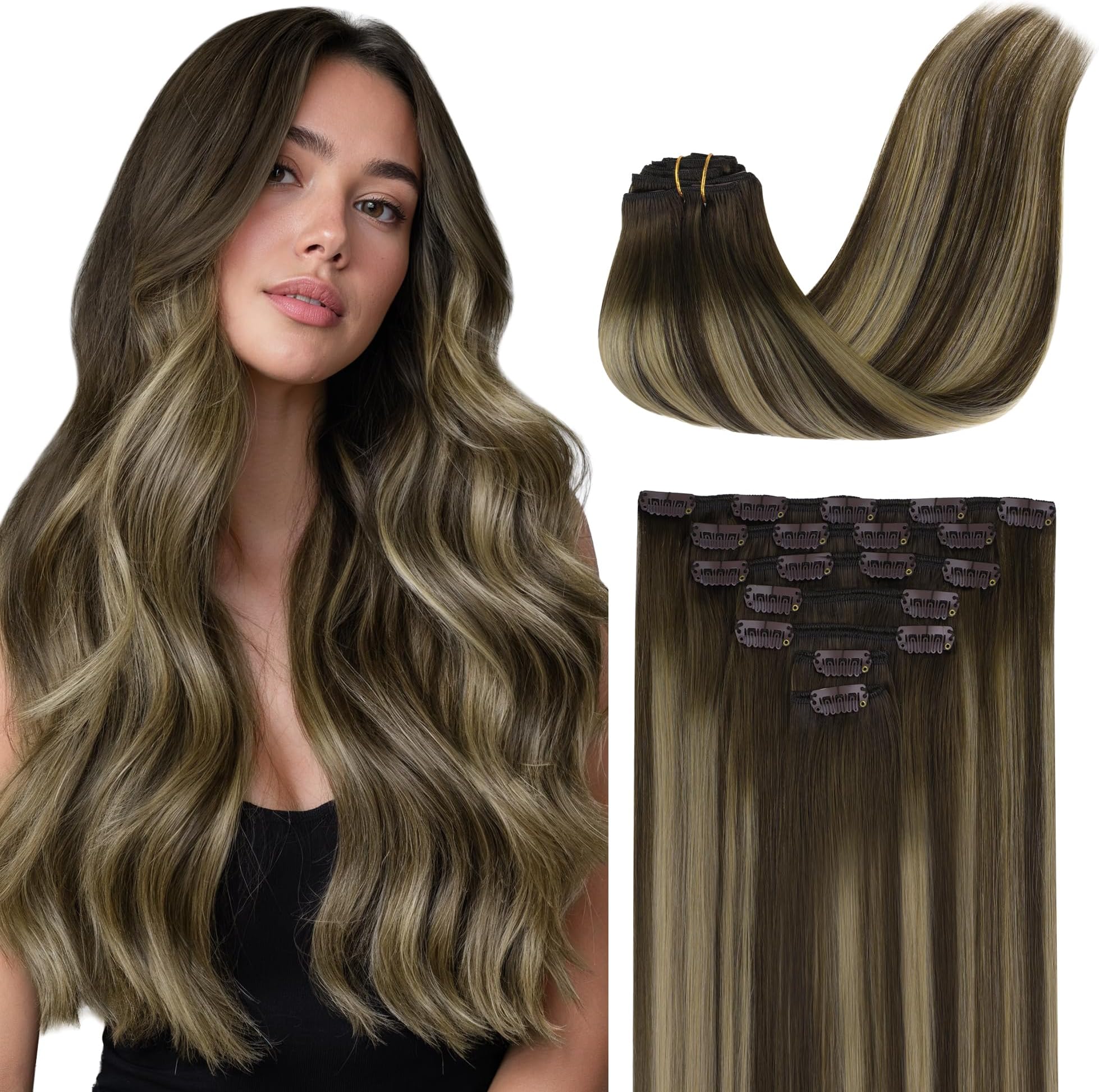 GOO GOO Clip in Hair Extensions Real Human Hair, Remy Human Hair Extensions Clip ins for Women, Natural Human Hair, 20inch 120g 7Pcs, 4/26/4 Balayage Chocolate Brown to Honey Blonde