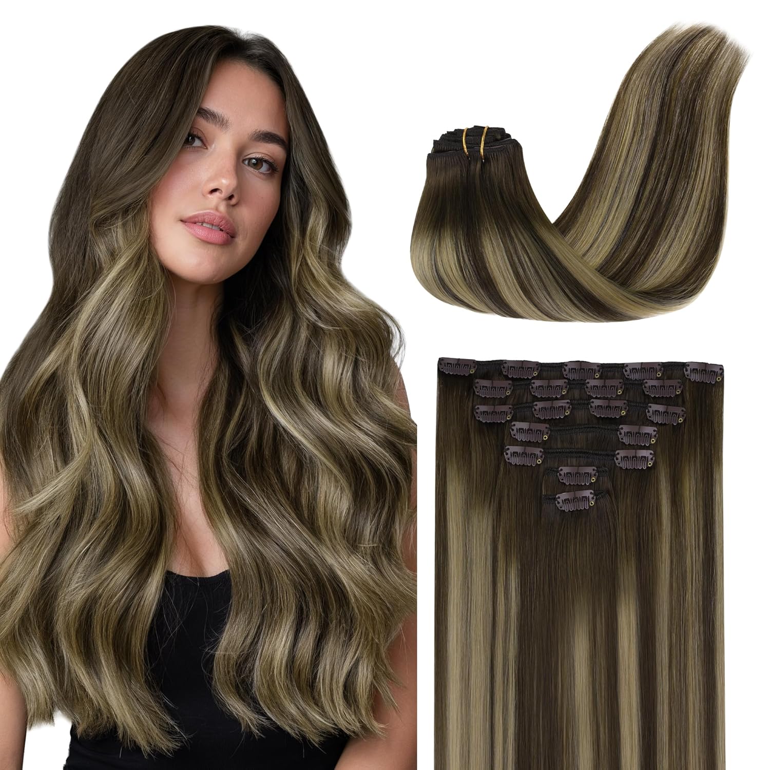 GOO GOO Clip in Hair Extensions Real Human Hair, Remy Human Hair Extensions Clip ins for Women, Natural Human Hair, 12inch 85g 7Pcs, 4/26/4 Balayage Chocolate Brown to Honey Blonde