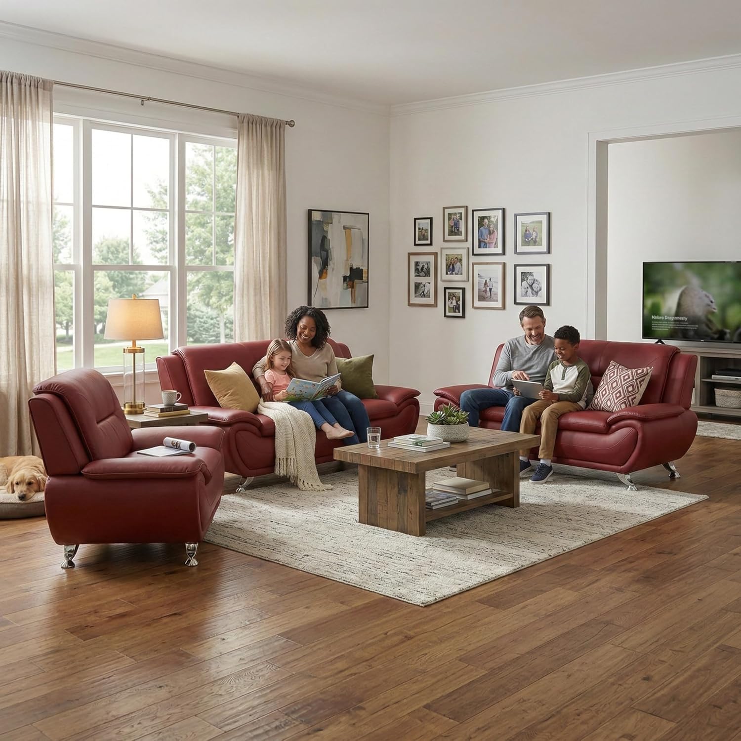 Living Room Sofa Set 3 Piece, Faux Leather Sofa Set, Modern Couch Set with Sofa Loveseat Chair - Bold Red Ergonomic Design, Double Spring Support, Living Room Furniture for Apartment Family