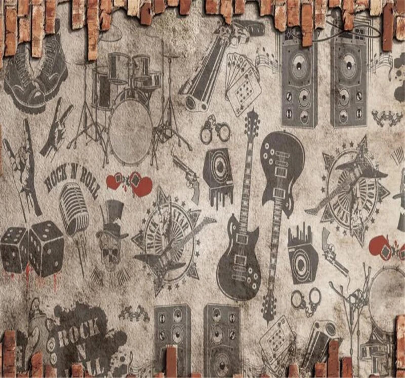 Retro Nostalgia Muro Di Mattoni Strumenti Musicali Personalità 3D Carta Da Parati Facile Installare Mobili Sfondi Ufficio Divano Camera Letto Sfondo Decorazione Murale-400cm×280cm