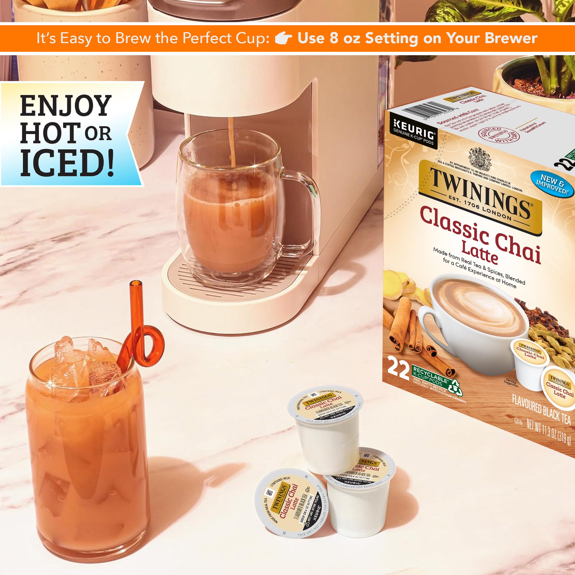 Twinings Chai Latte Black Tea K-Cup Pods para Keurig, 22 unidades (1 unidad), cremoso, ligeramente dulce, con cafeína, para disfrutar caliente o helado