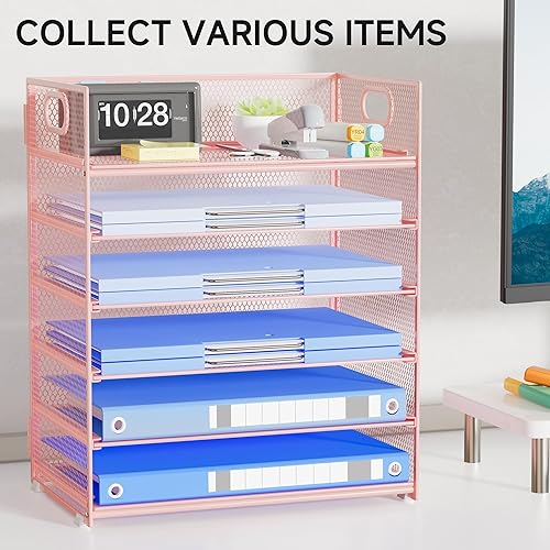 Miniatura 7 de Organizador de papel rosa para escritorio con asa, organizador de archivos de malla metálica de 6 niveles  Organizador de escritorio apilable para