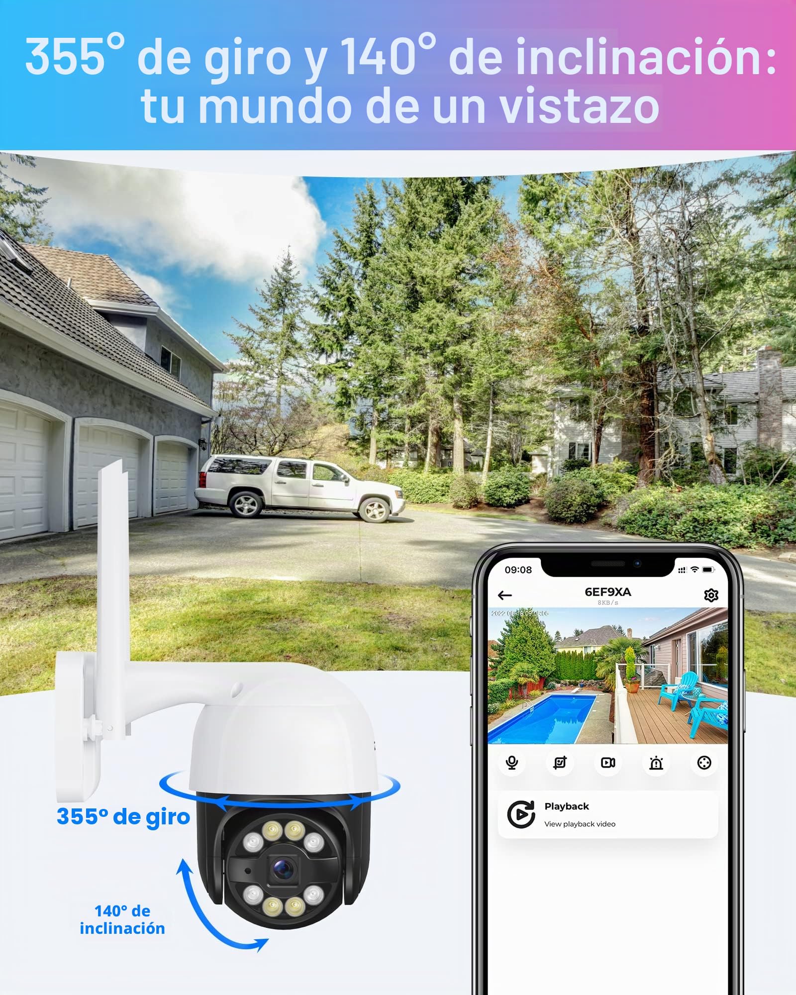 ZOSI 4MP Cámara Vigilancia WiFi Exterior Pan y Tilt, 2.5K Cámara Seguridad Giratoria con Enchufe, Detección y Alarma de Personas, Visión Nocturna en Color, Audio Bidireccional