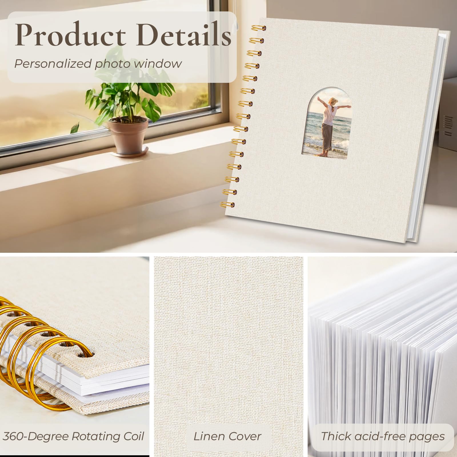 Vienrose Album fotografico con finestra ad arco in lino, 25,4 x 25,4 cm, 80 pagine bianche, album fotografico per matrimoni, baby shower, beige