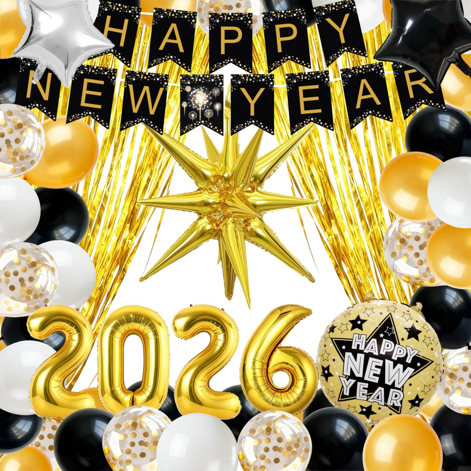 2026 New Years Eve Party Supplies Kit - New Years Decorations with Banner, Gold Star Balloons, Fringe Curtains, White Black Gold Balloons for NYE Photo Booth & Home Decor