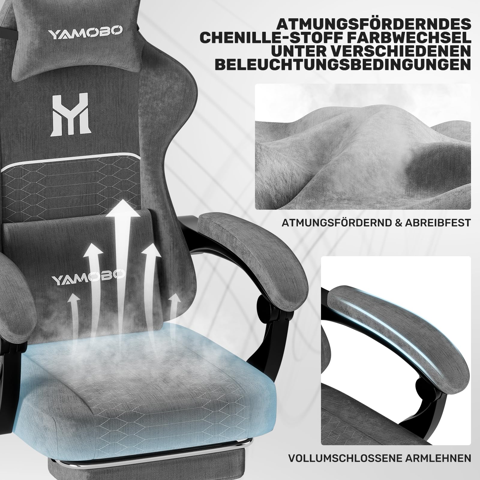 Gaming Stuhl Ergonomisch Gaming Chair für Büro&Computer Stoff Grau | Mit Fußstütze Nackenkissen Lendenmassagekissen, Höhenverstellbar, Abriebfeste atmungsaktive, Tragkraft bis 150 kg