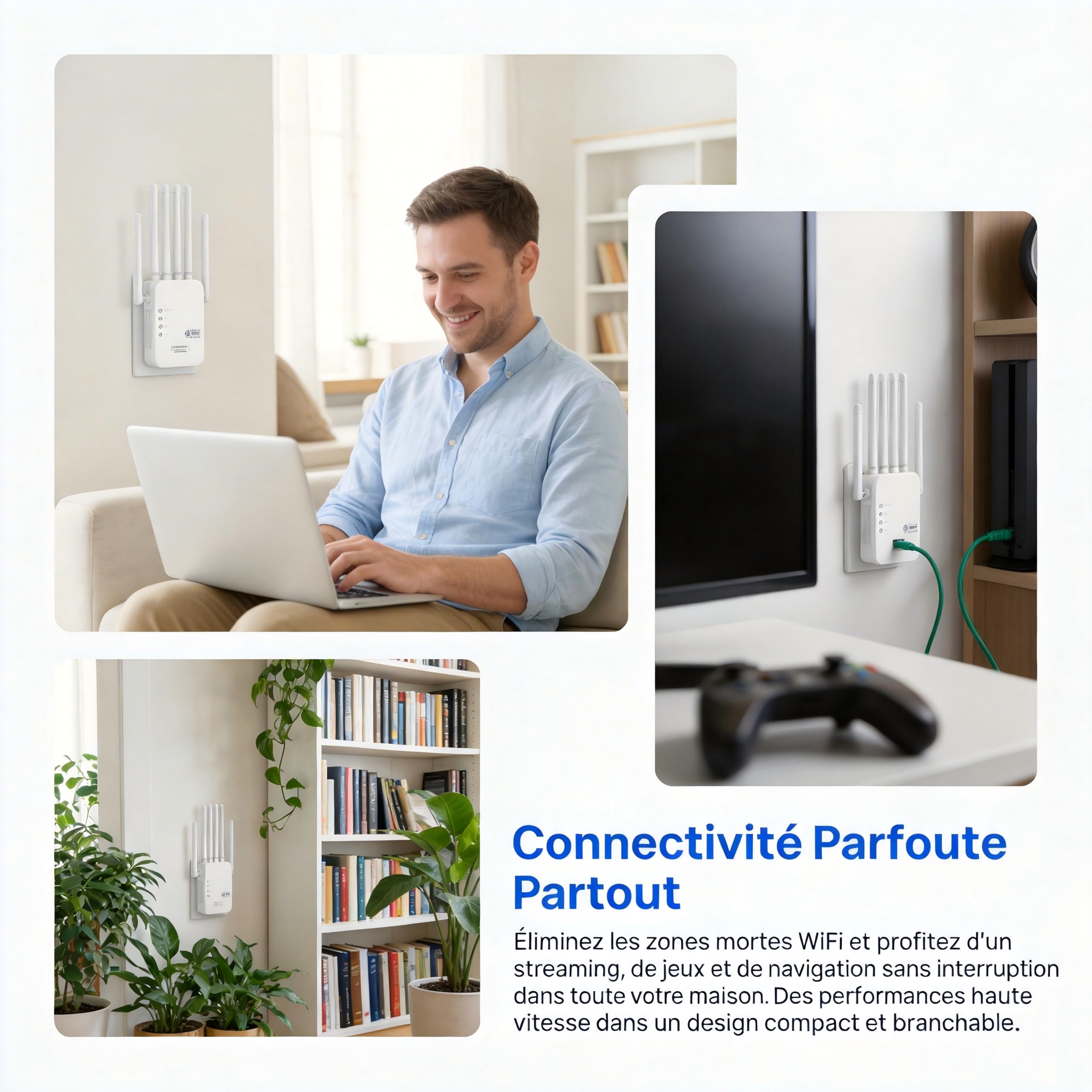 Repeteur WiFi Puissant 1200M,Amplificateur WiFi,Répéteur WiFi avec 6 Antennes Externes Puissantes,Zone de Couverture 1200㎡,2 Ports LAN pour la Maison et Le Bureau（Blanc）